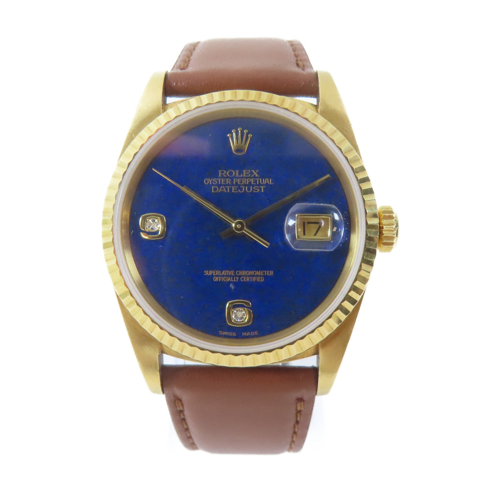 ROLEX Datejust18K黃金/皮革手錶自動機芯藍色#19cm