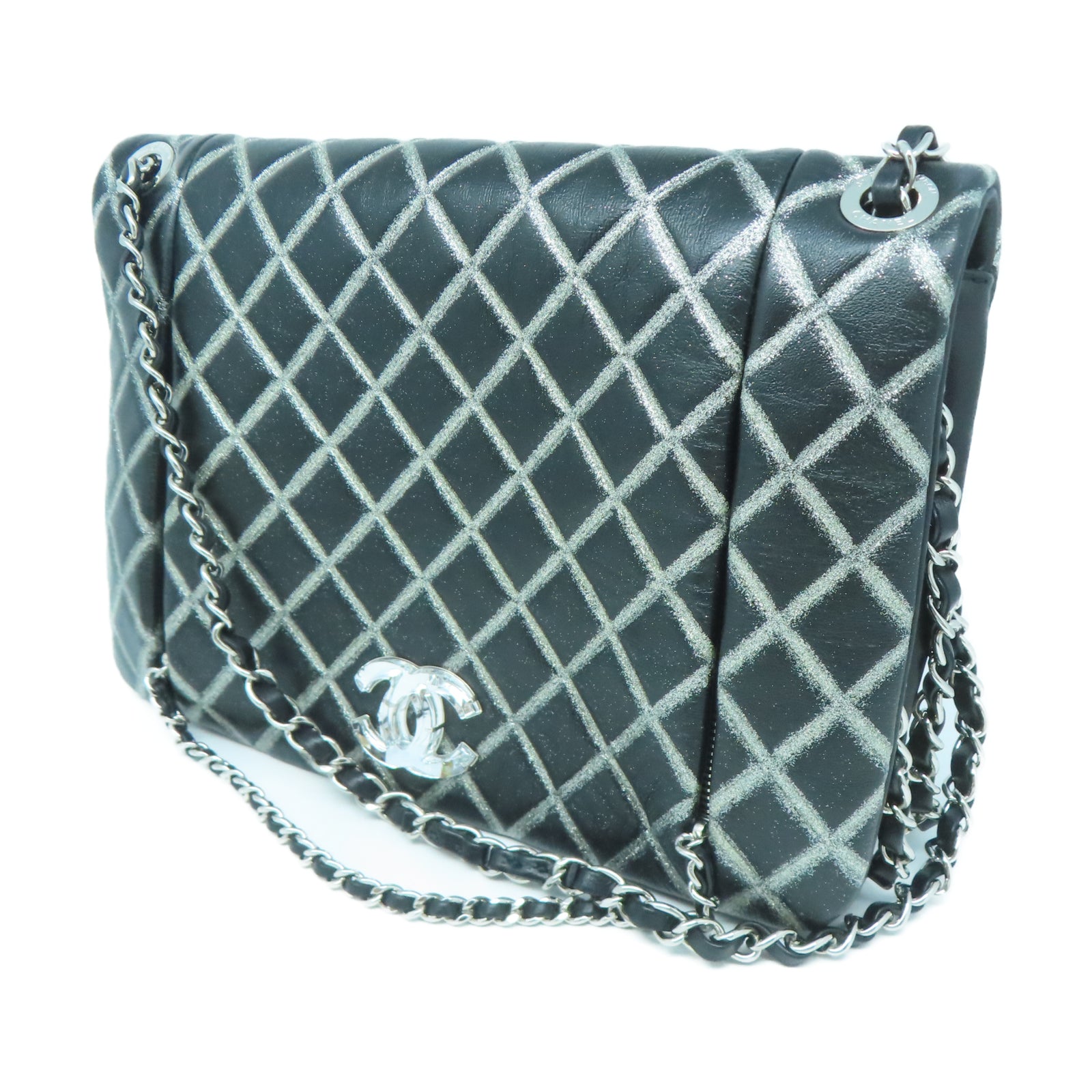 CHANEL **【清倉大減價】菱格牛皮皮革Chain Shoulder銀扣鏈帶肩背袋黑色