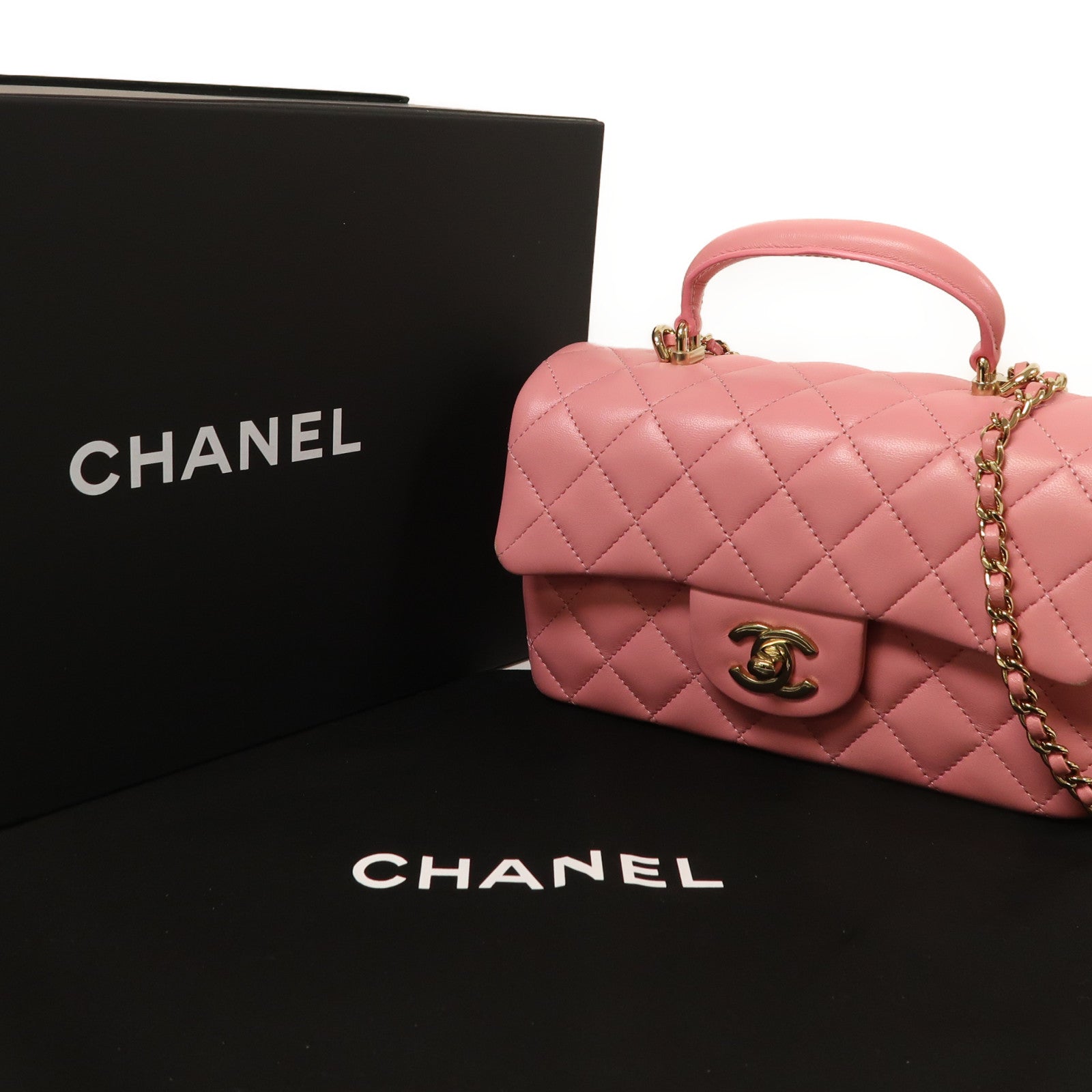 CHANEL 羊皮皮革Mini Flap Bag With Top Handle金扣手挽肩背兩用袋粉紅色