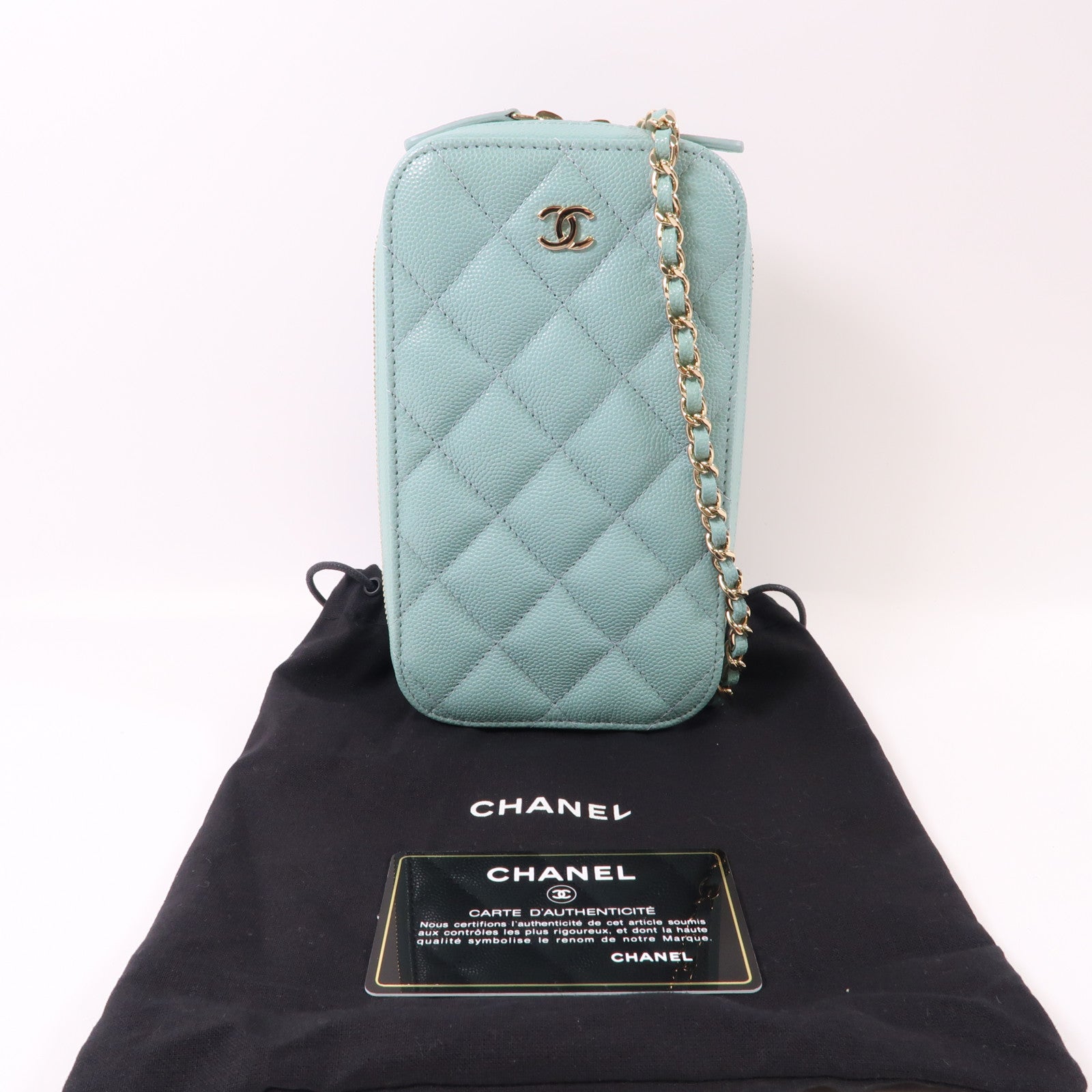 CHANEL CC GHW Phone Bag Shoulder Bag Calfskin Leather Green