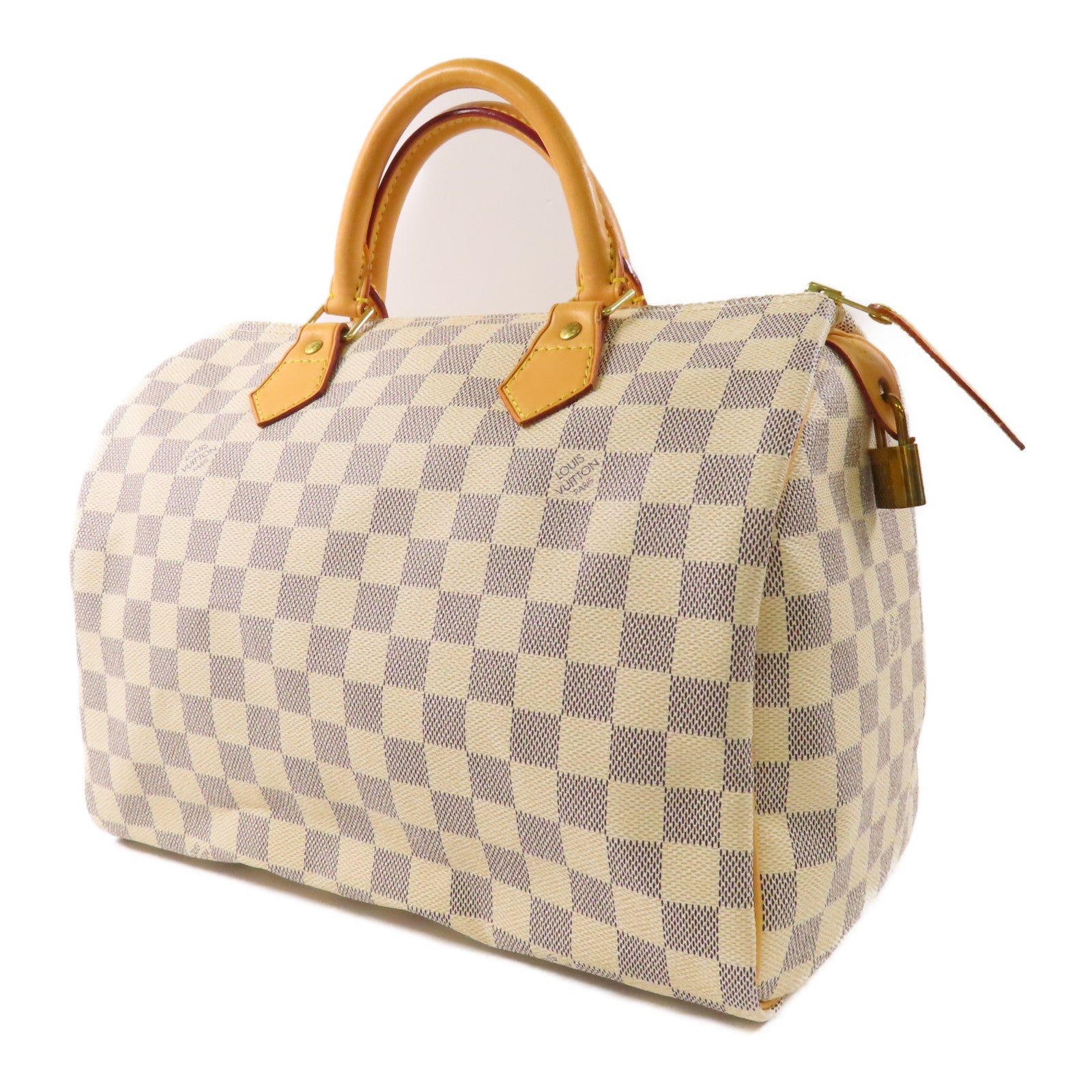 LOUIS VUITTON Damier Azur Speedy 30金扣手挽袋白色