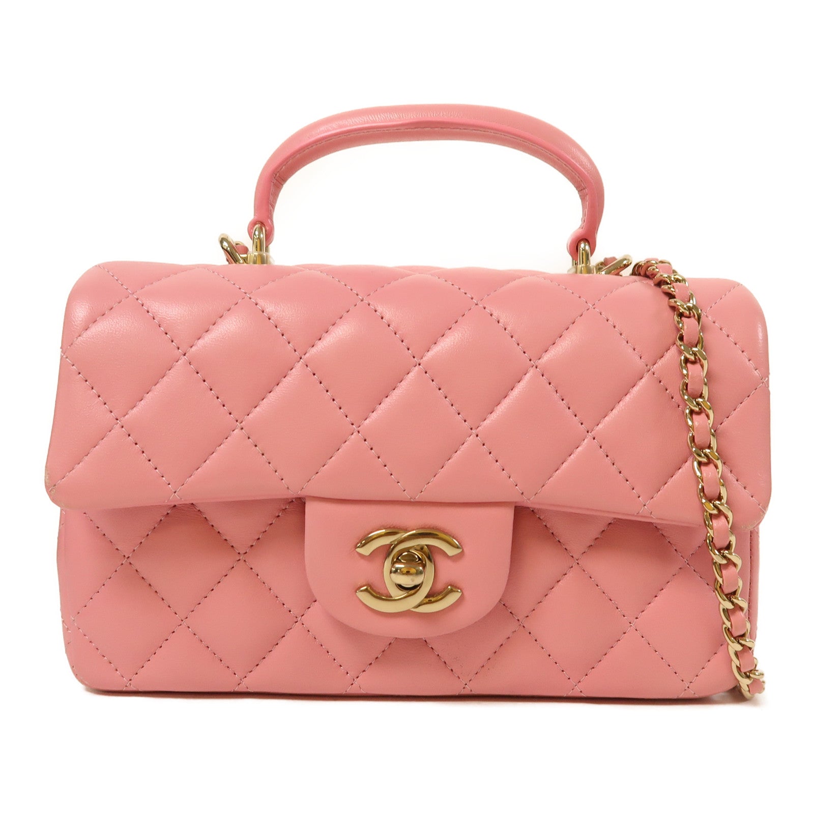 CHANEL 羊皮皮革Mini Flap Bag With Top Handle金扣手挽肩背兩用袋粉紅色