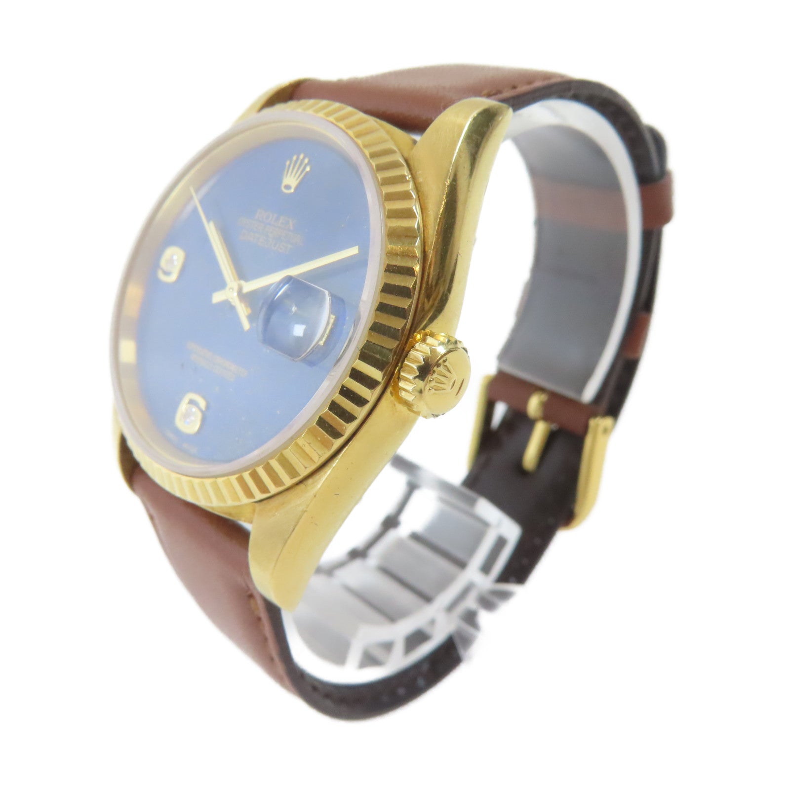 ROLEX Datejust18K黃金/皮革手錶自動機芯藍色#19cm