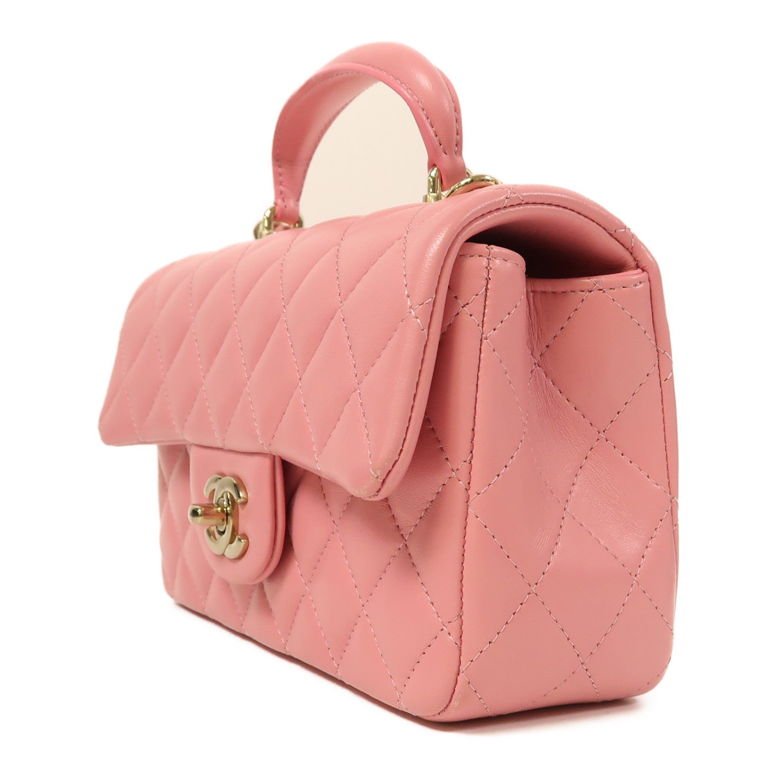 CHANEL 羊皮皮革Mini Flap Bag With Top Handle金扣手挽肩背兩用袋粉紅色