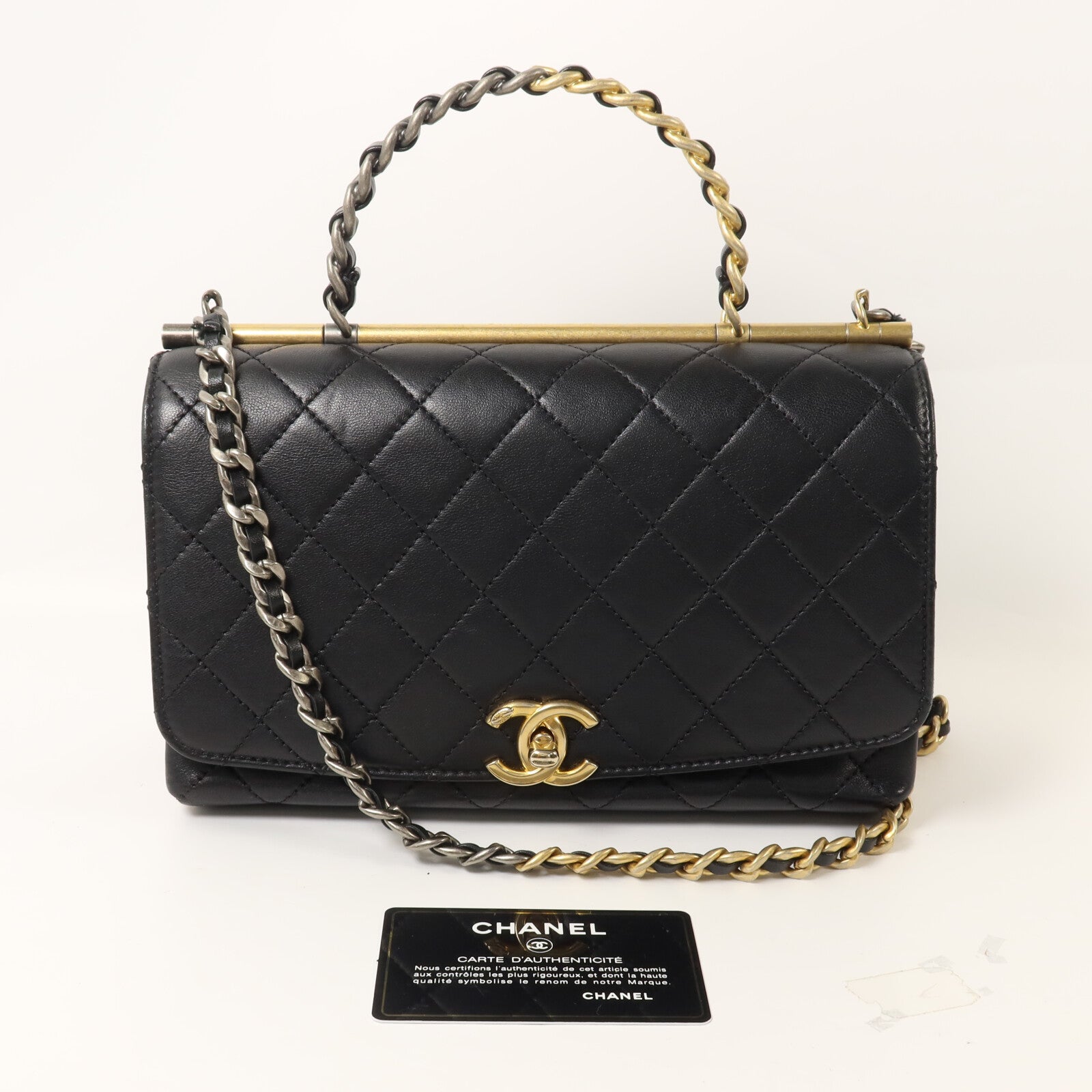 CHANEL 羊皮皮革Top Handle Flap鏈帶手挽肩背兩用袋
