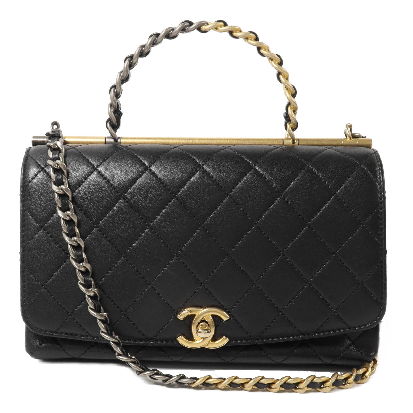 CHANEL 羊皮皮革Top Handle Flap鏈帶手挽肩背兩用袋