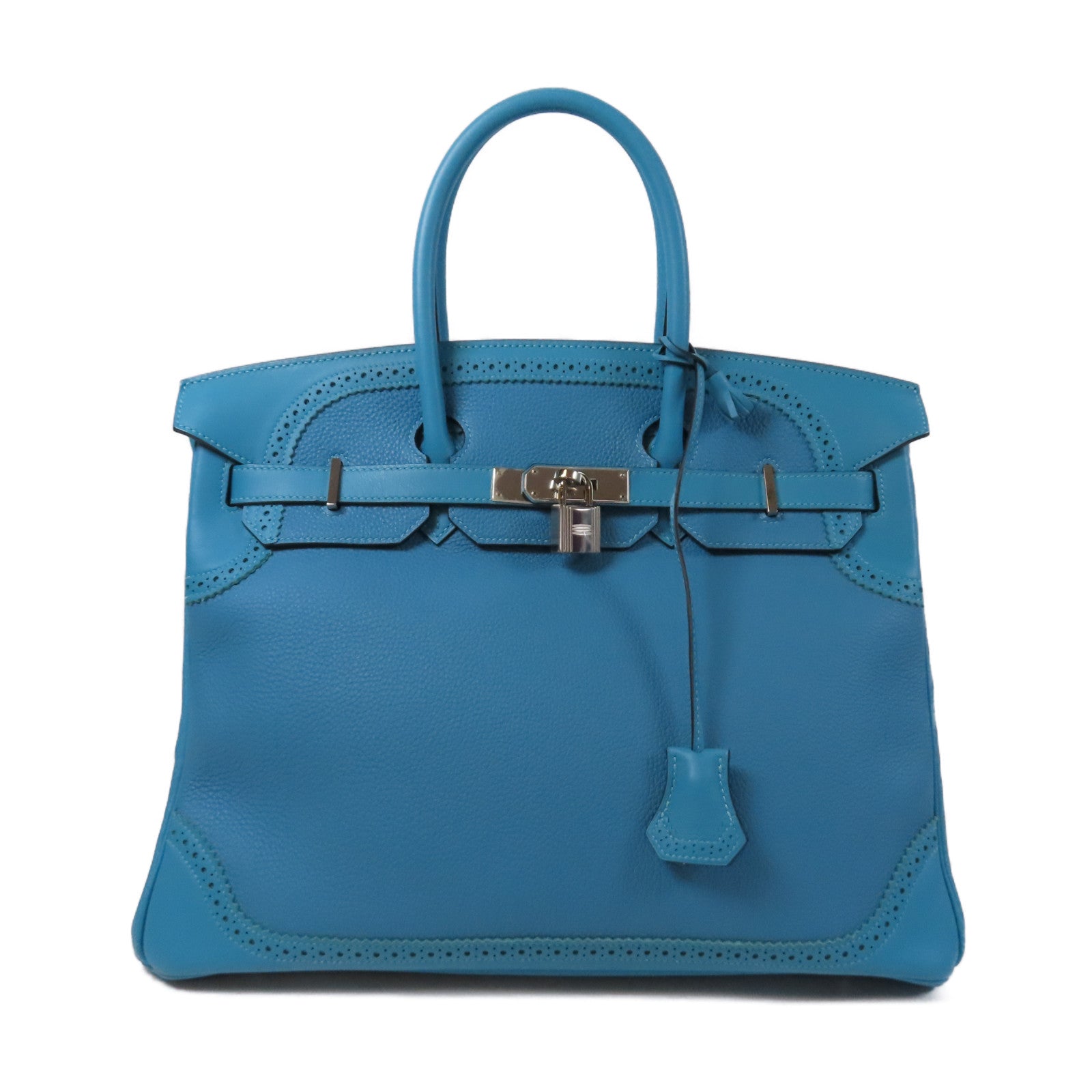 HERMES 【激減優惠】Togo皮革/Swift皮革Ghillies Birkin 35銀扣手挽袋Turquoise土耳其亮藍色