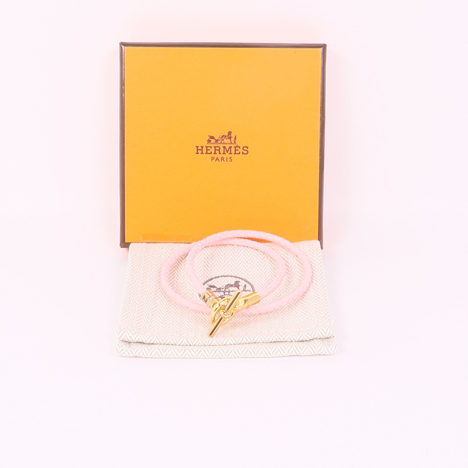 HERMES 皮革Glenan Double Tour金扣手鐲Rose Sakura