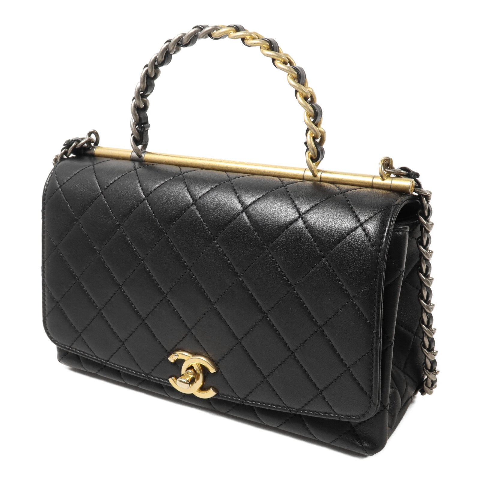 CHANEL 羊皮皮革Top Handle Flap鏈帶手挽肩背兩用袋