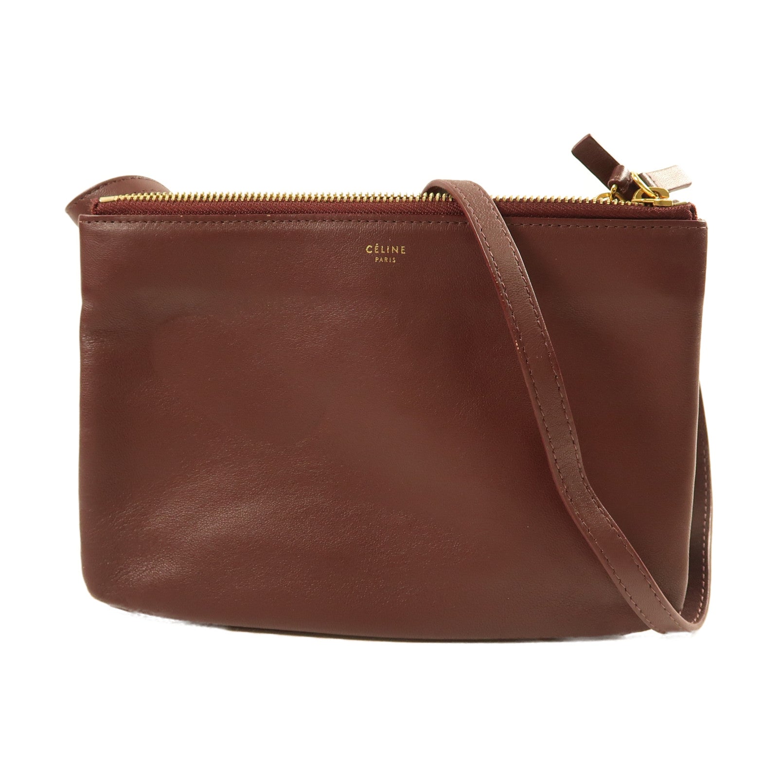 CELINE 【激減優惠】牛皮皮革Trio金扣肩背袋酒紅色