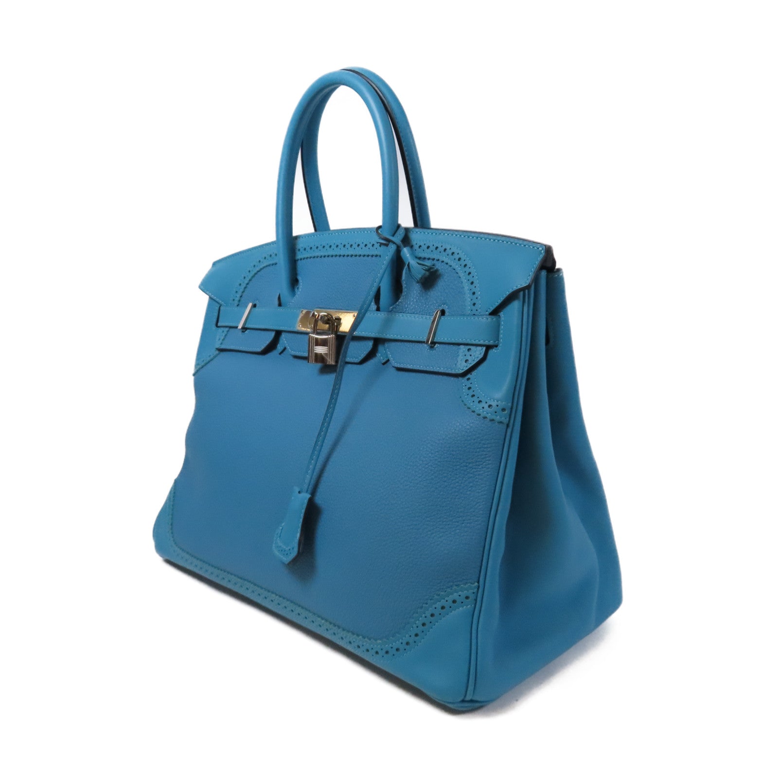 HERMES 【激減優惠】Togo皮革/Swift皮革Ghillies Birkin 35銀扣手挽袋Turquoise土耳其亮藍色