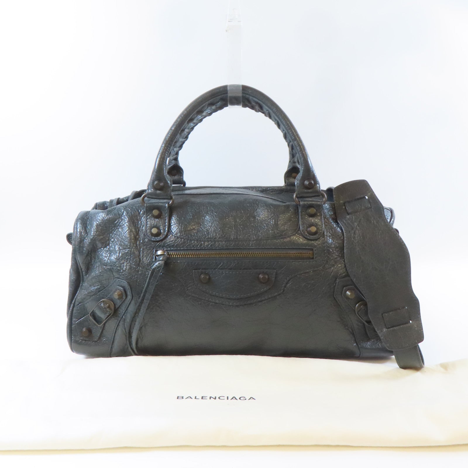BALENCIAGA 牛皮皮革Twiggy黑扣手挽肩背兩用袋灰色