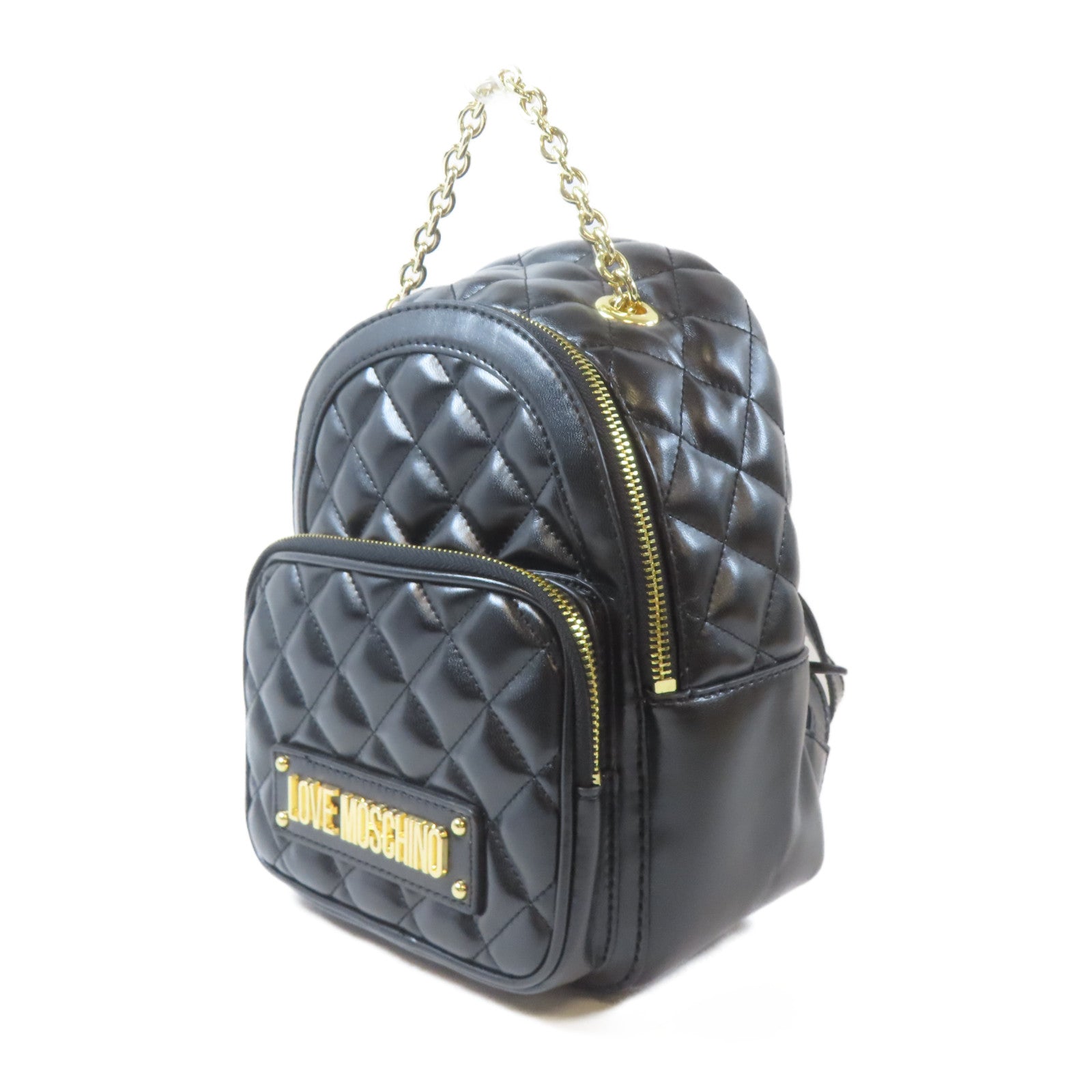 MOSCHINO 菱格塗層帆布Backpack金扣背包黑色