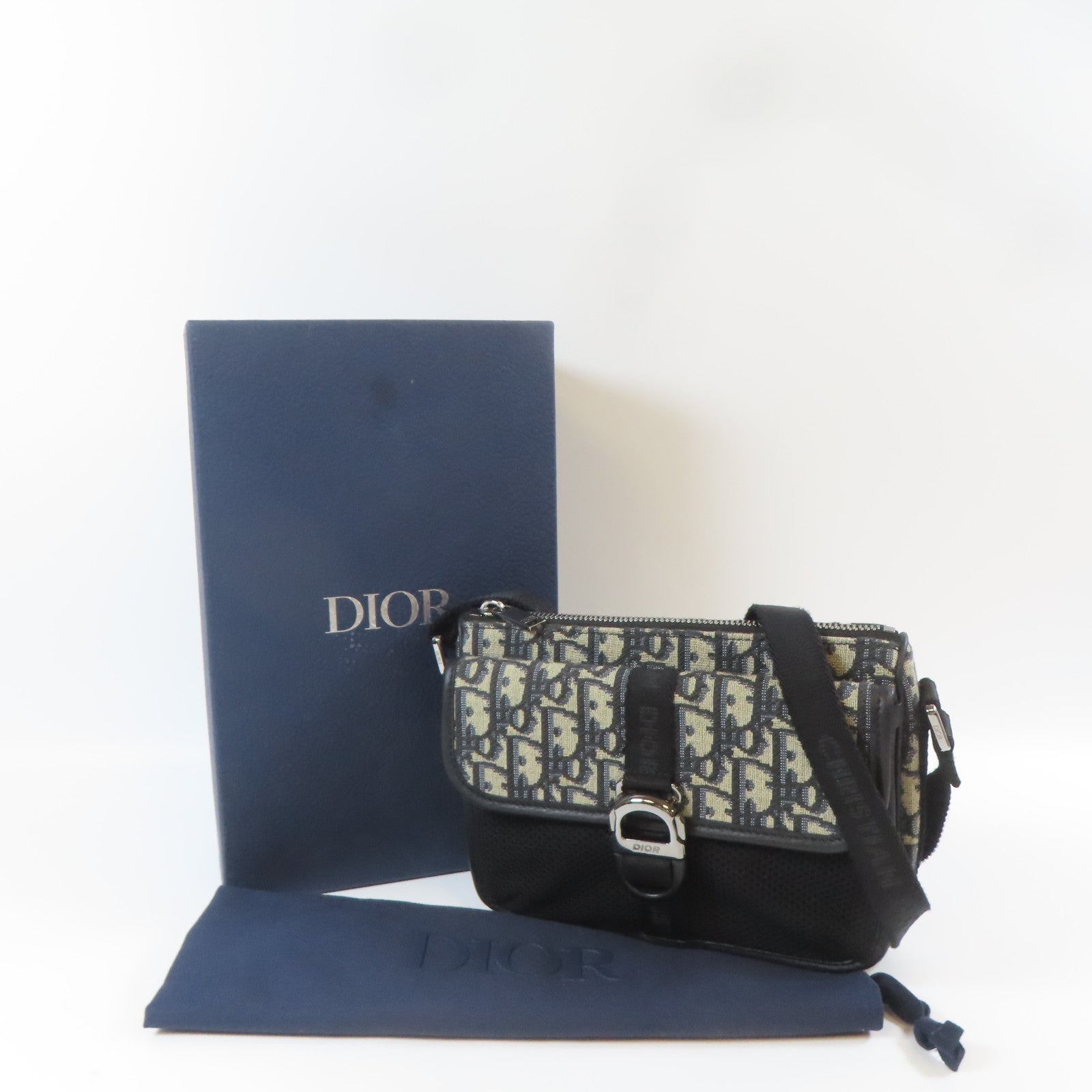 Dior 帆布Dior 8銀扣肩背袋藍色/米色