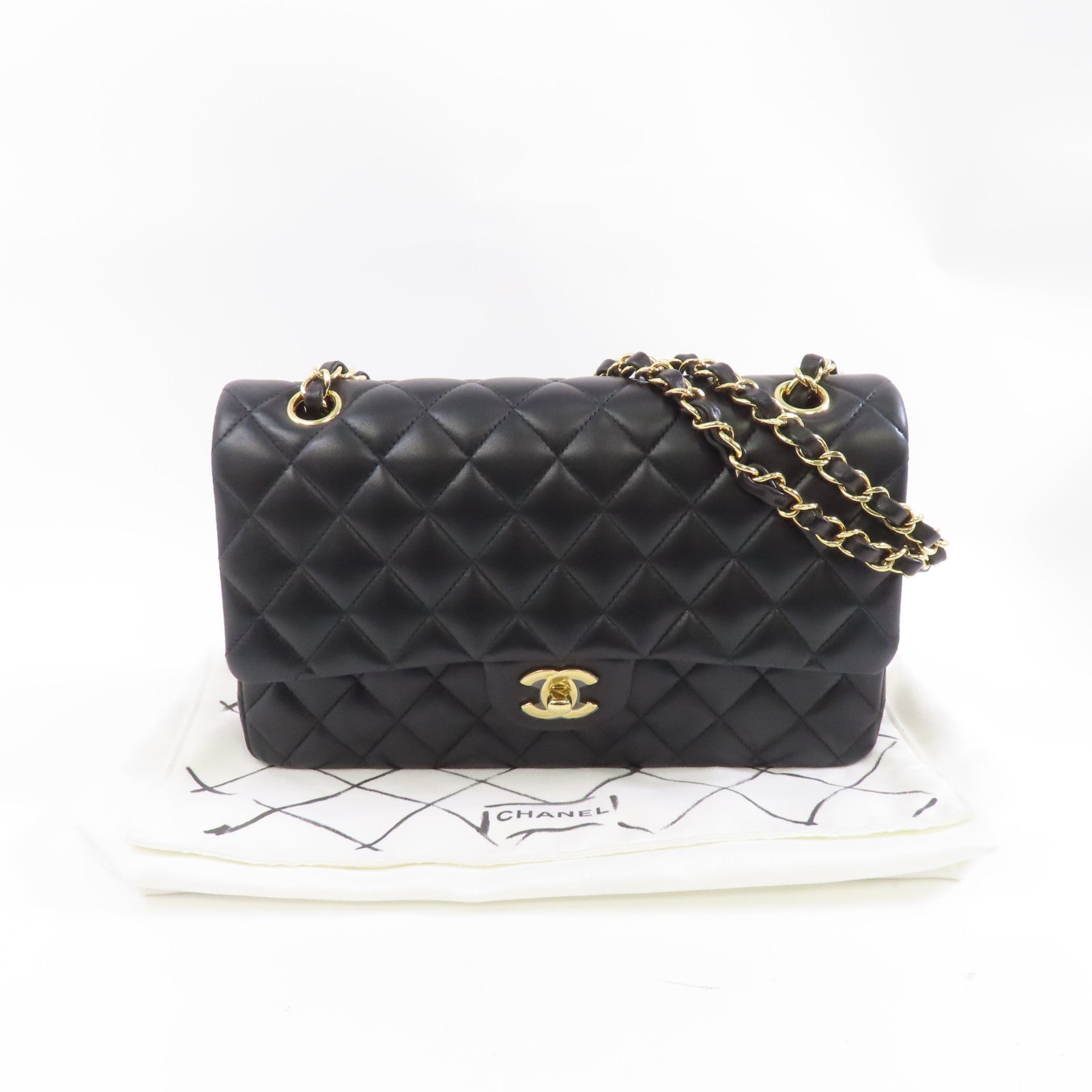 CHANEL 菱格羊皮皮革Classic Flap 25金扣鏈帶肩背袋黑色