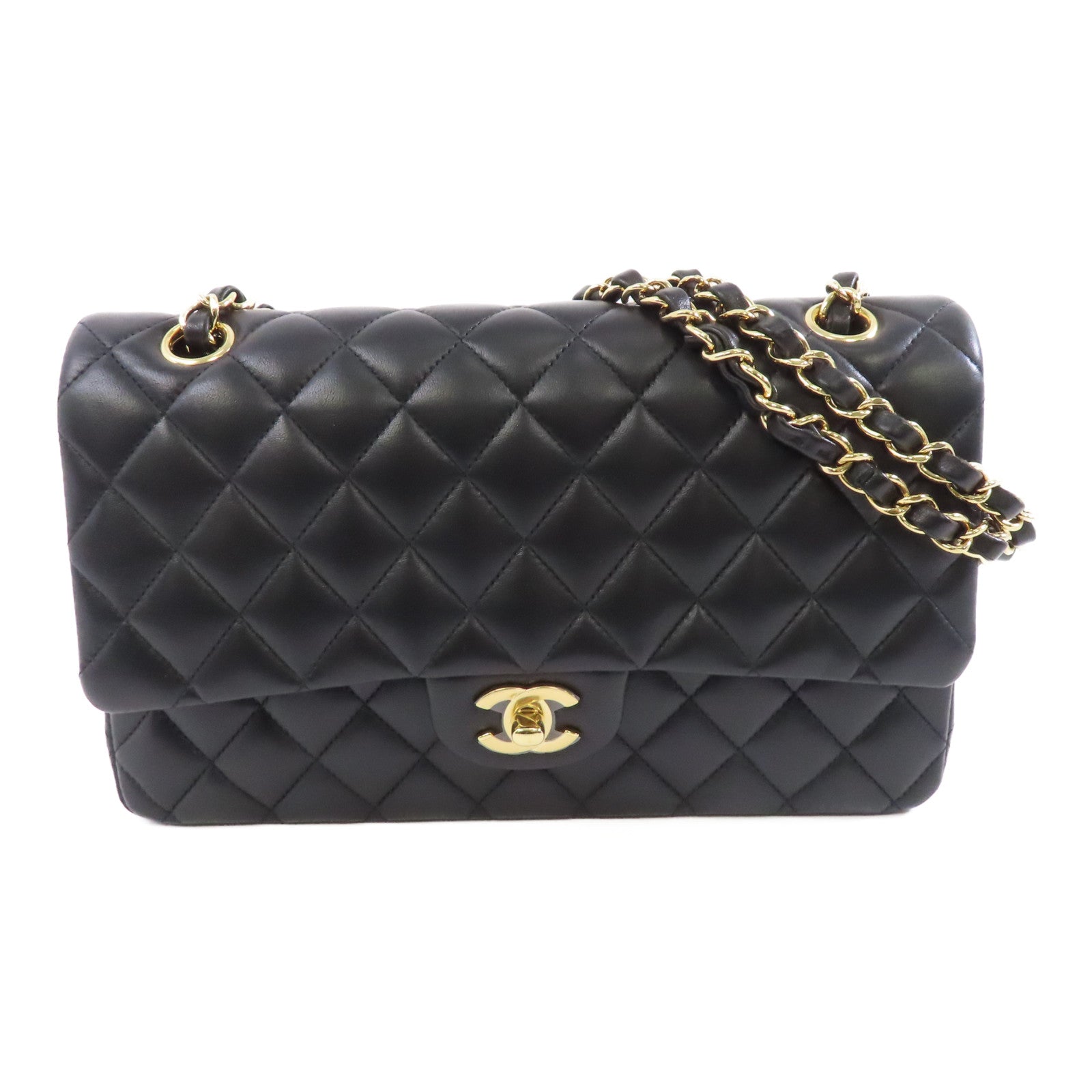 CHANEL 菱格羊皮皮革Classic Flap 25金扣鏈帶肩背袋黑色