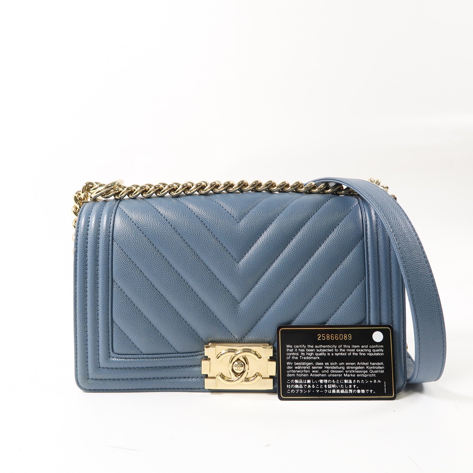 CHANEL 【激減優惠】斜紋Caviar皮革Boy 25金扣鏈帶肩背袋藍色