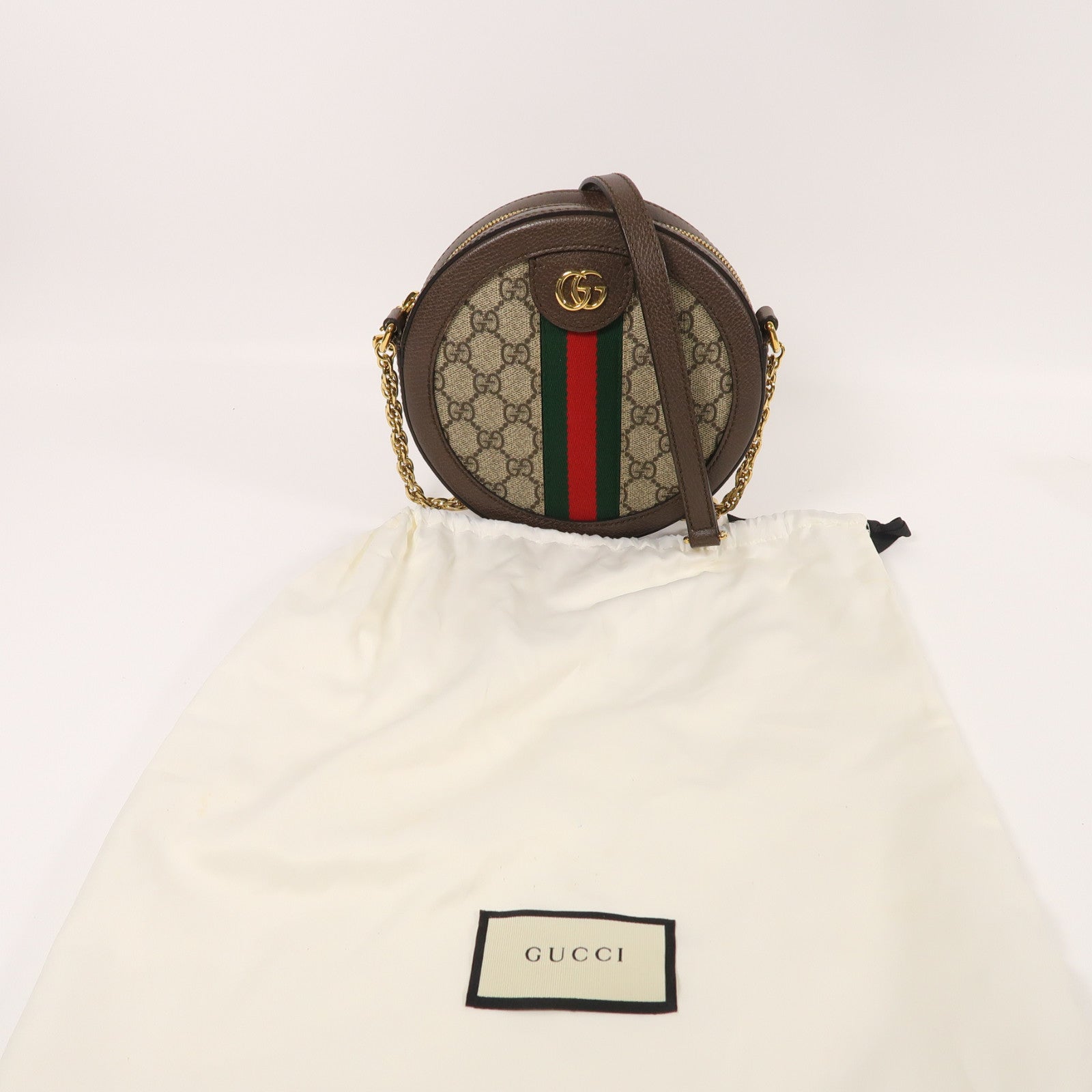 GUCCI 塗層帆布Ophidia GG金扣鏈帶肩背袋啡色