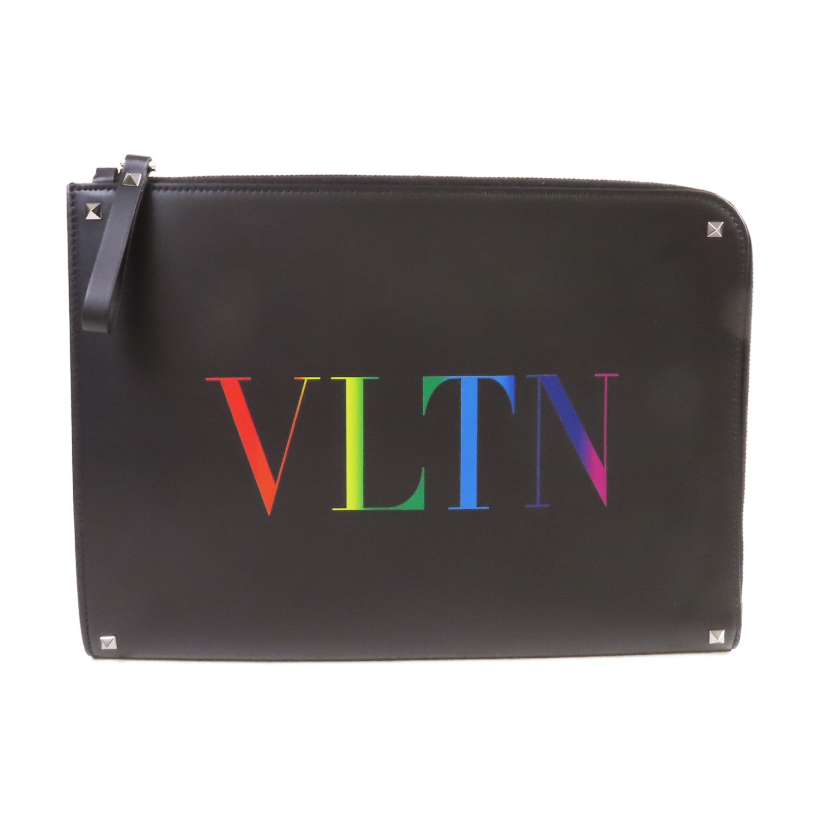 Valentino 【激減優惠】牛皮皮革VLTN Clutch銀扣手拿包黑色