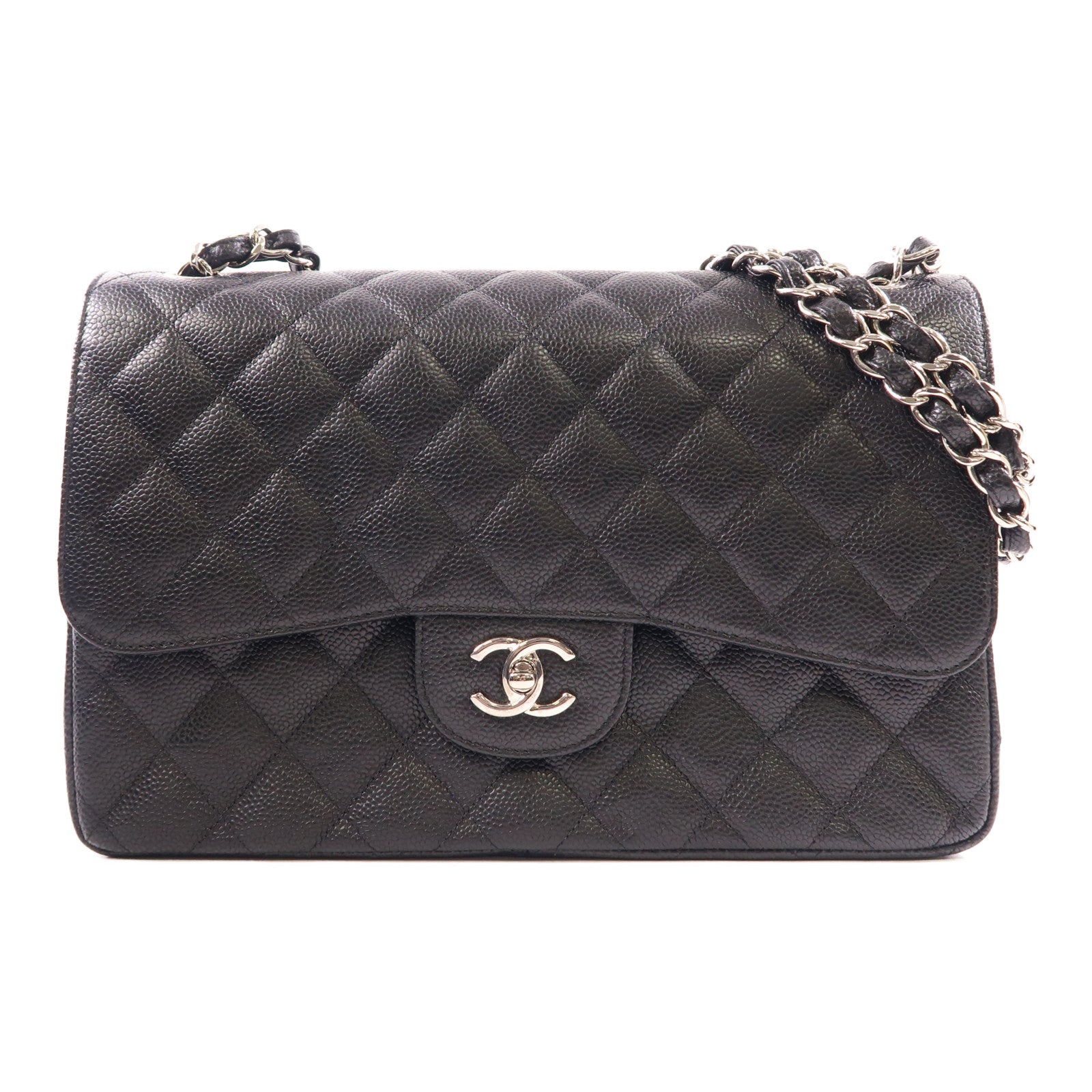 CHANEL 牛皮皮革Large Classic銀扣鏈帶肩背袋