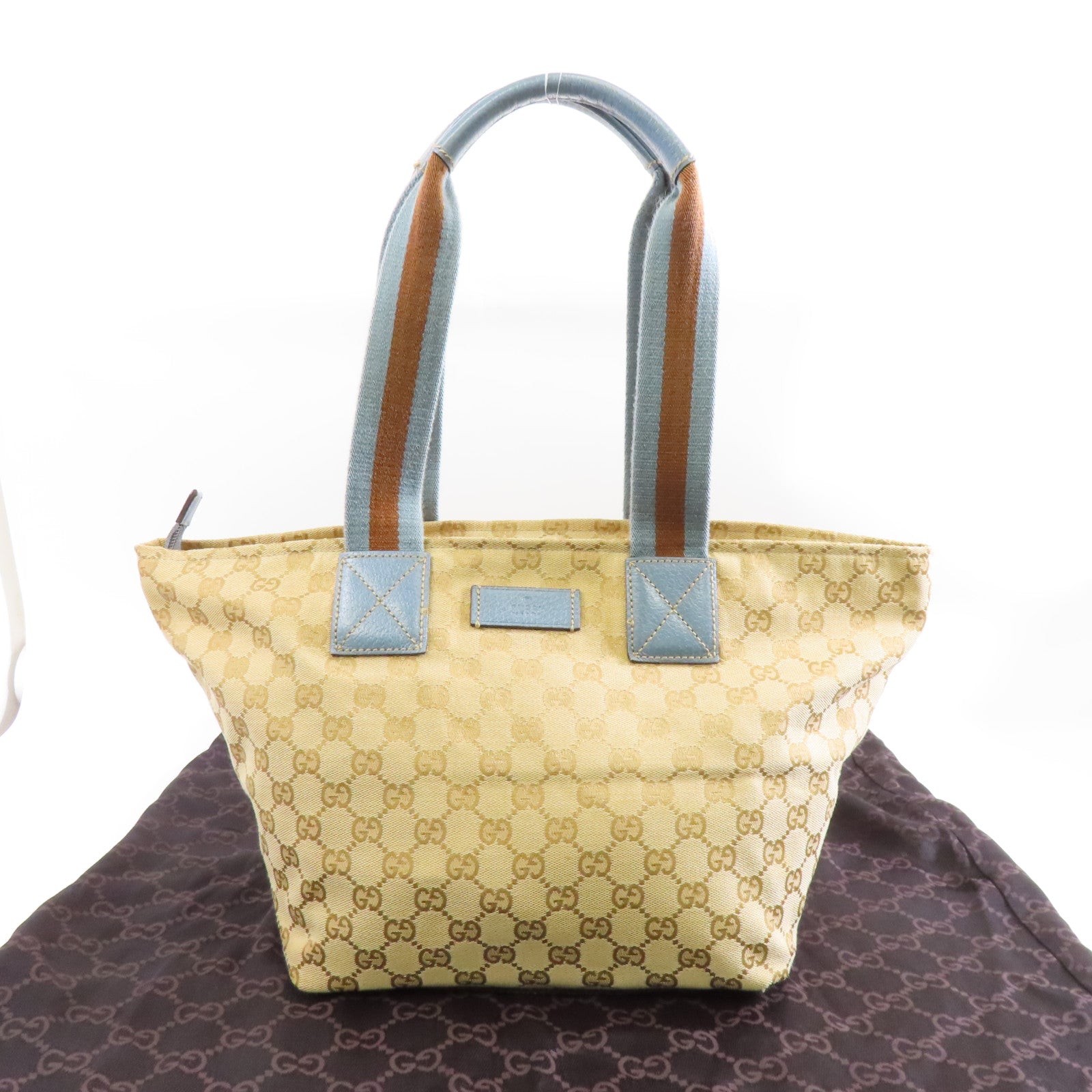 GUCCI 帆布Tote Bag銀扣手挽袋米色/淺藍色