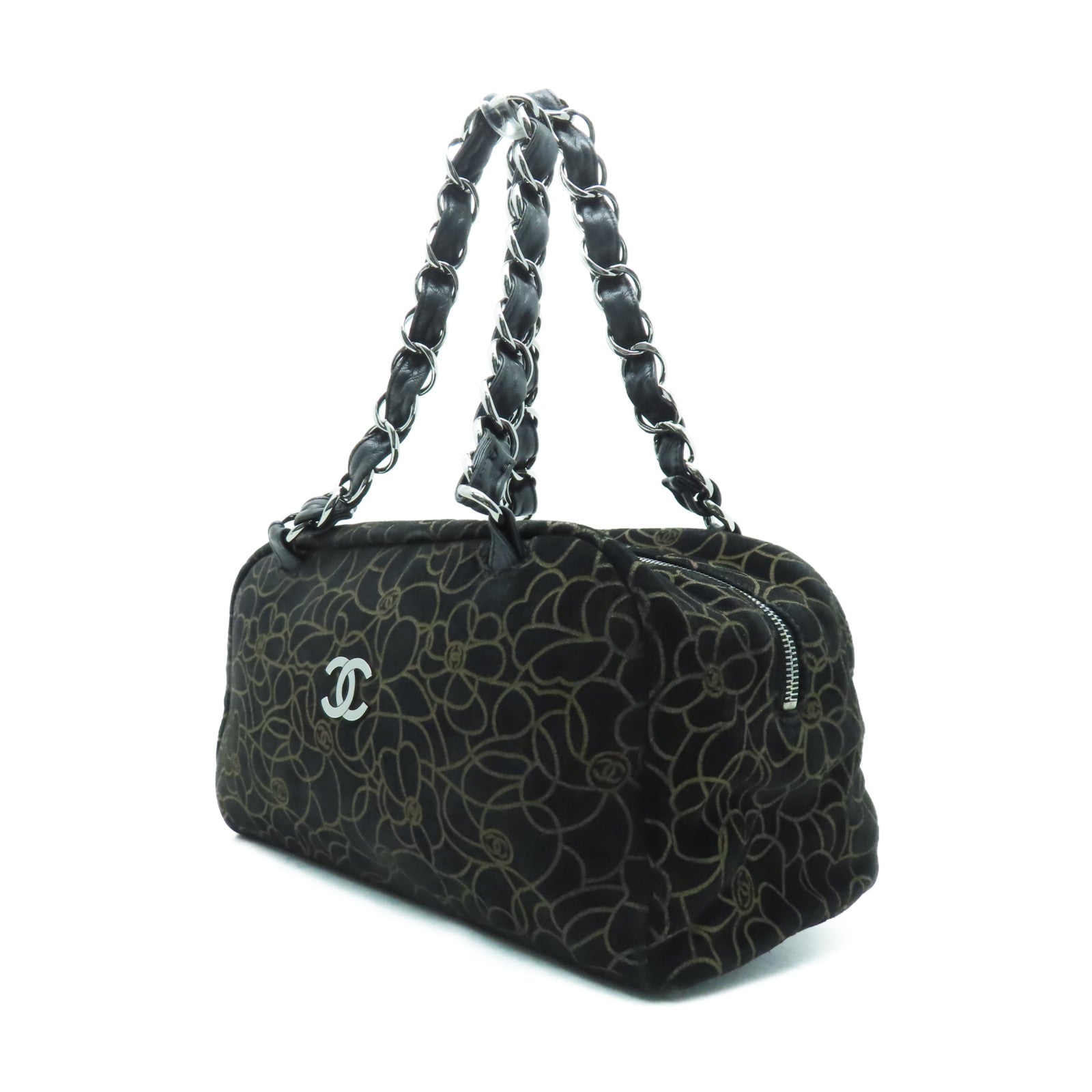 CHANEL 【清倉大減價】麂皮皮革Chain Shoulder銀扣鏈帶肩背袋黑色