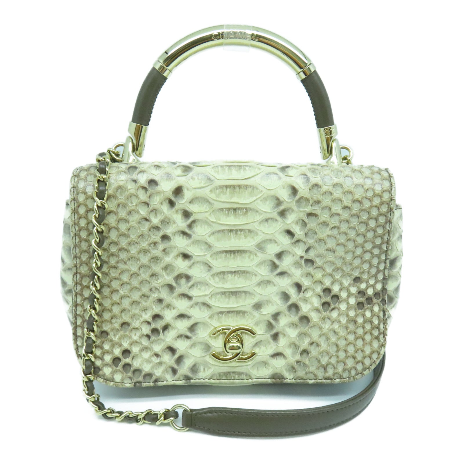 CHANEL 蛇皮皮革2way Shoulder金扣手挽肩背两用袋米色