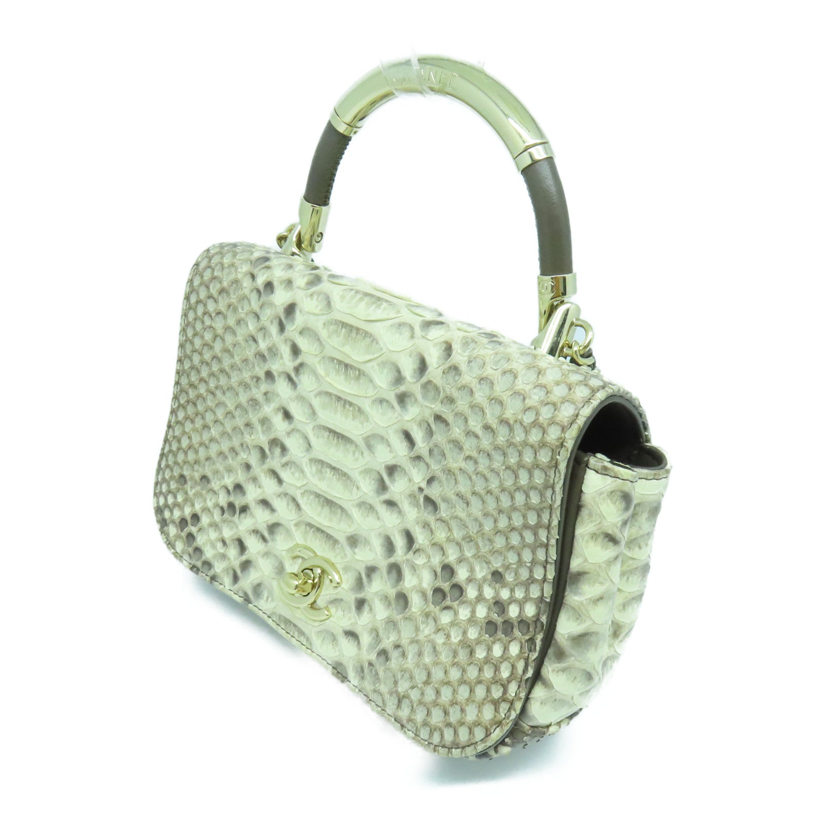 CHANEL 蛇皮皮革2way Shoulder金扣手挽肩背两用袋米色