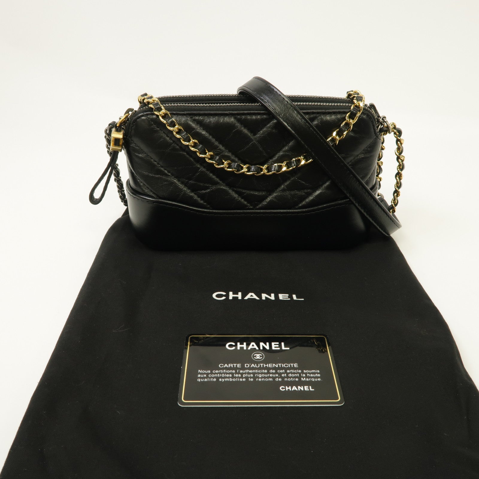CHANEL 斜紋牛皮皮革Gabrielle Wallet On Chain銀扣鏈帶肩背袋黑色