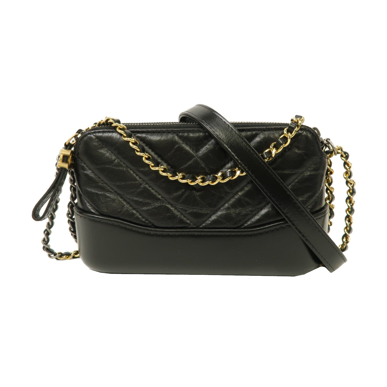 CHANEL 斜紋牛皮皮革Gabrielle Wallet On Chain銀扣鏈帶肩背袋黑色