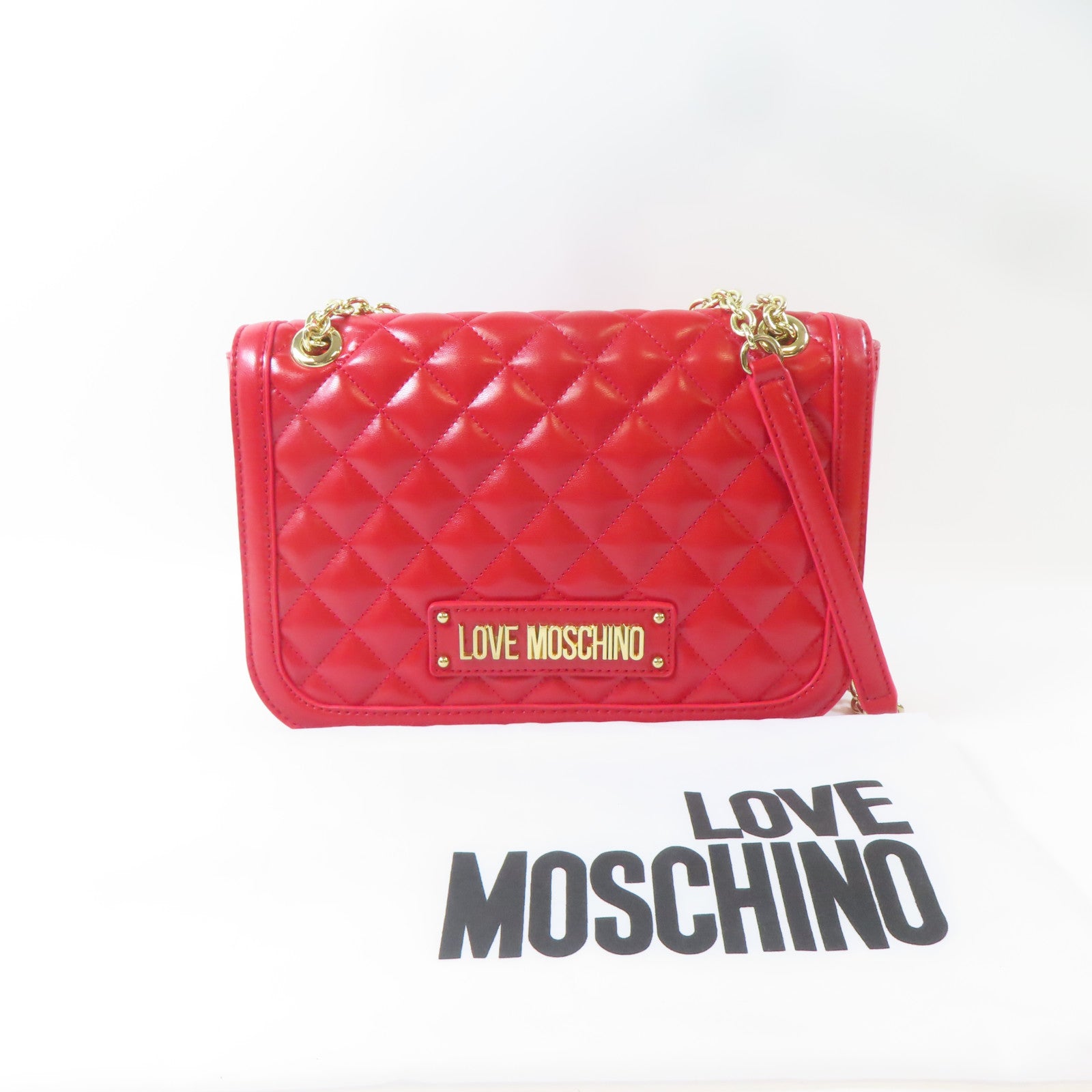 MOSCHINO 菱格塗層帆布Chain Shoulder金扣鏈帶肩背袋紅色