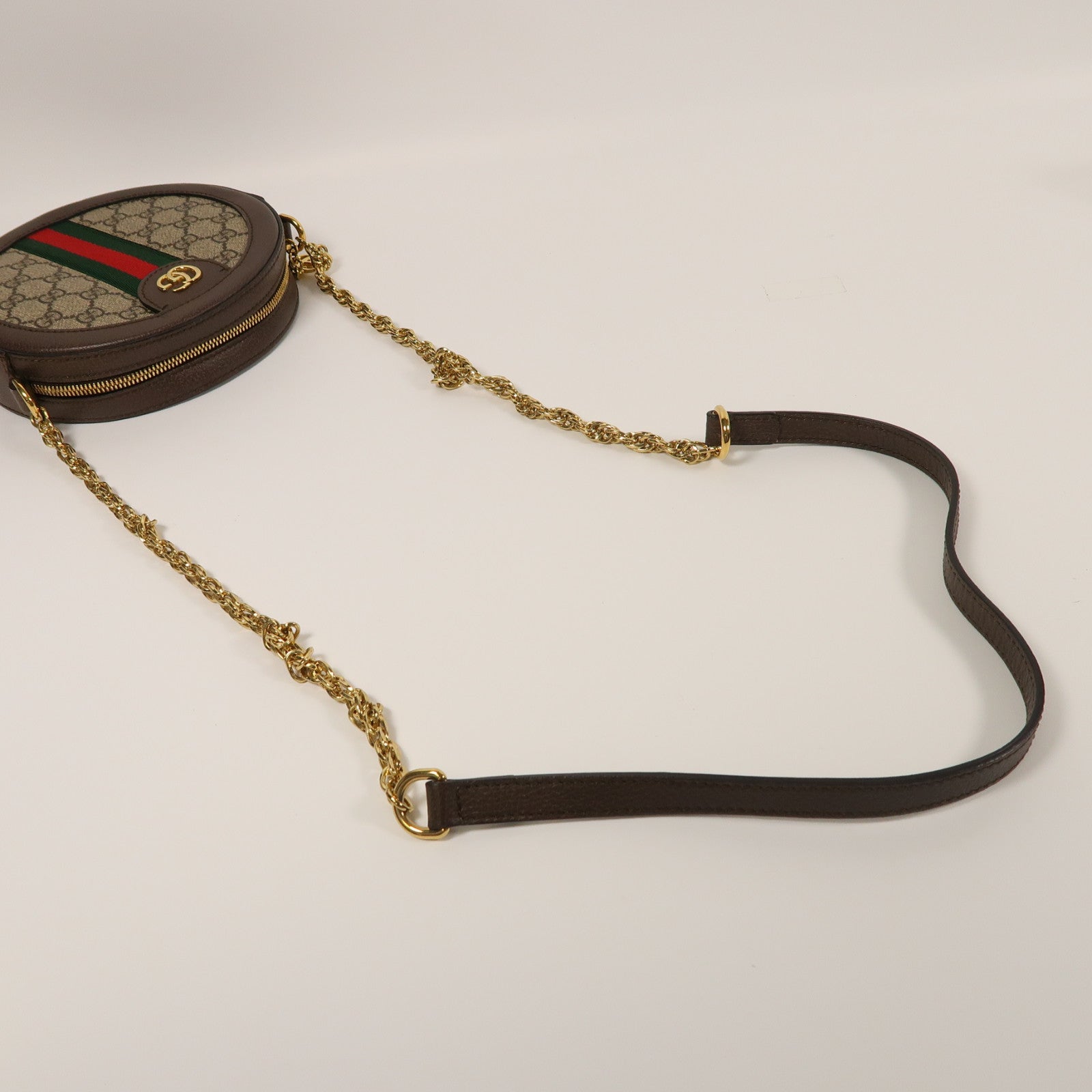 GUCCI 塗層帆布Ophidia GG金扣鏈帶肩背袋啡色