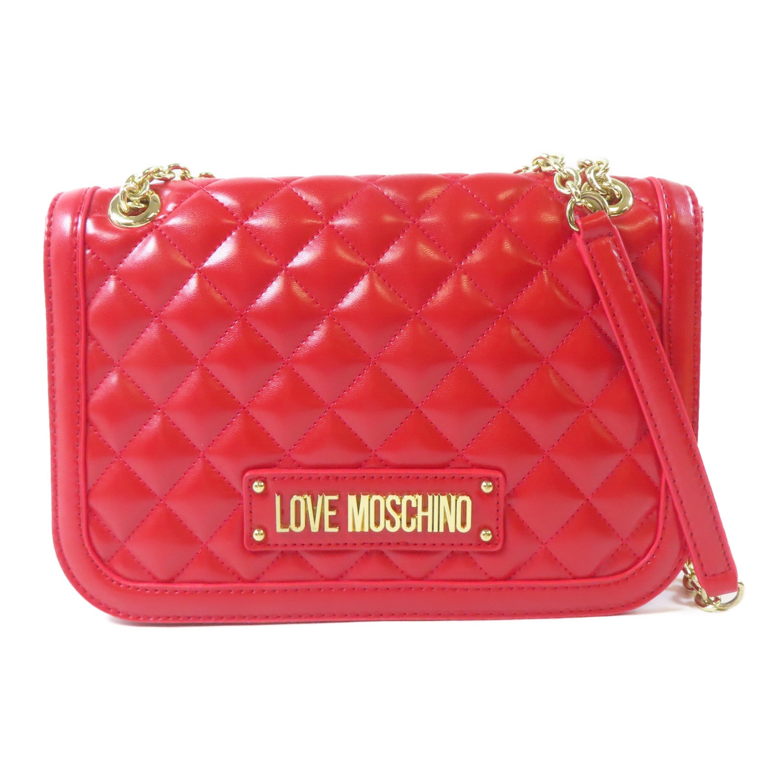 MOSCHINO 菱格塗層帆布Chain Shoulder金扣鏈帶肩背袋紅色