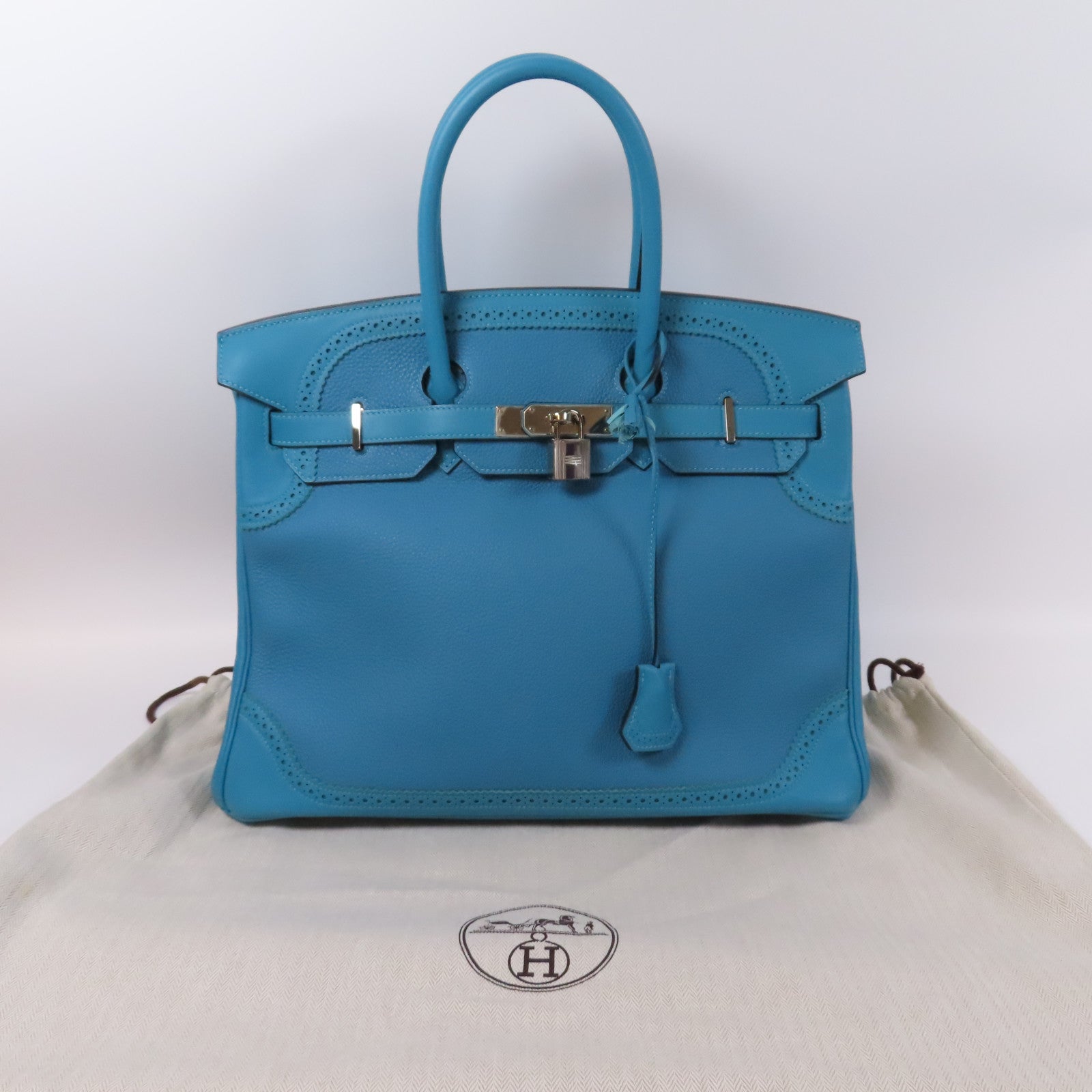 HERMES 【激減優惠】Togo皮革/Swift皮革Ghillies Birkin 35銀扣手挽袋Turquoise土耳其亮藍色