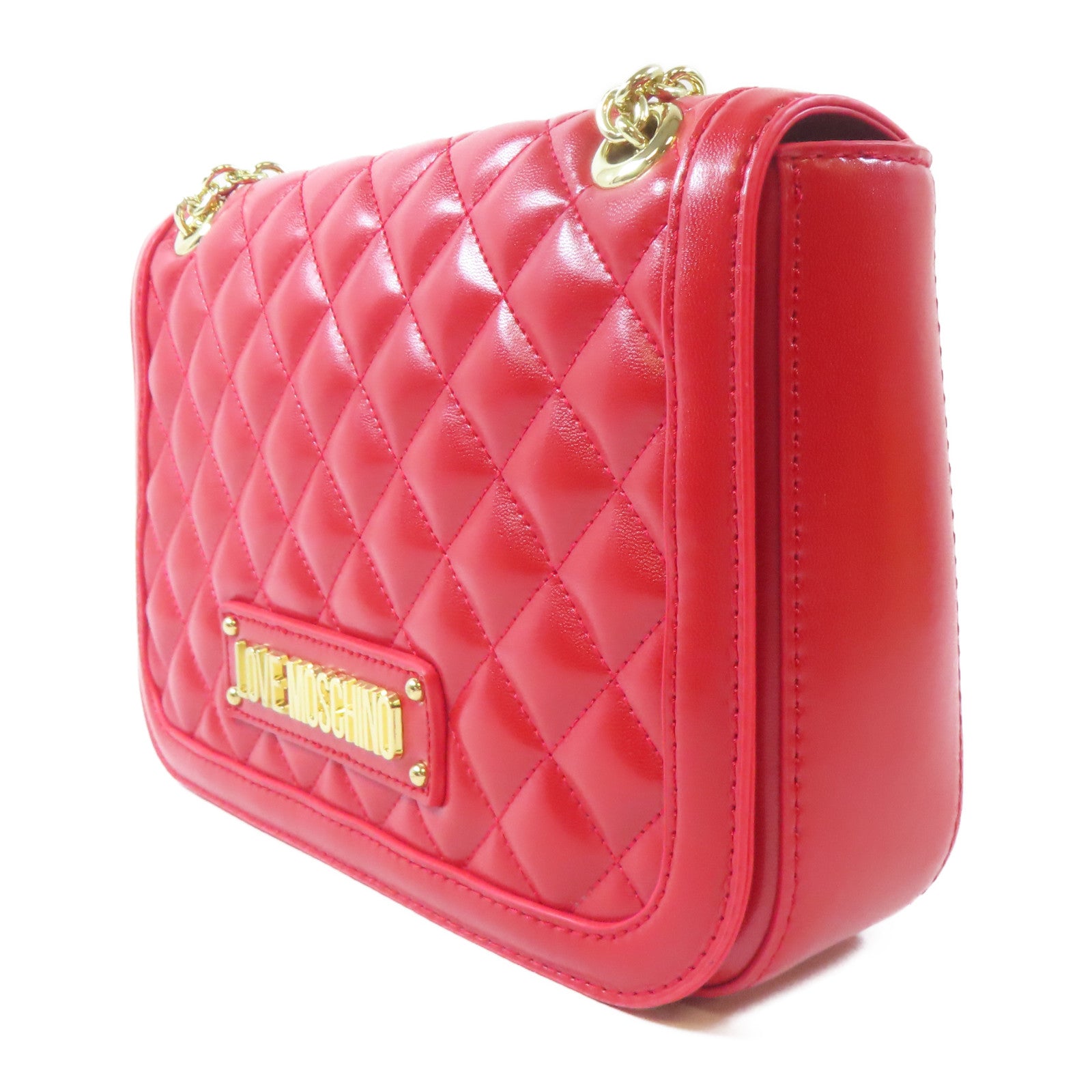 MOSCHINO 菱格塗層帆布Chain Shoulder金扣鏈帶肩背袋紅色