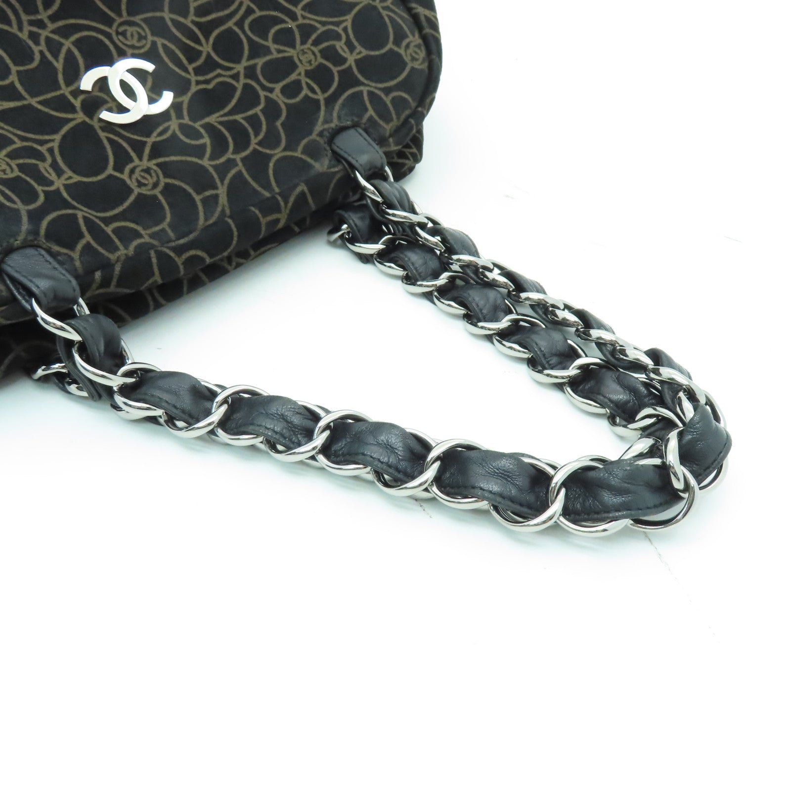 CHANEL 【清倉大減價】麂皮皮革Chain Shoulder銀扣鏈帶肩背袋黑色
