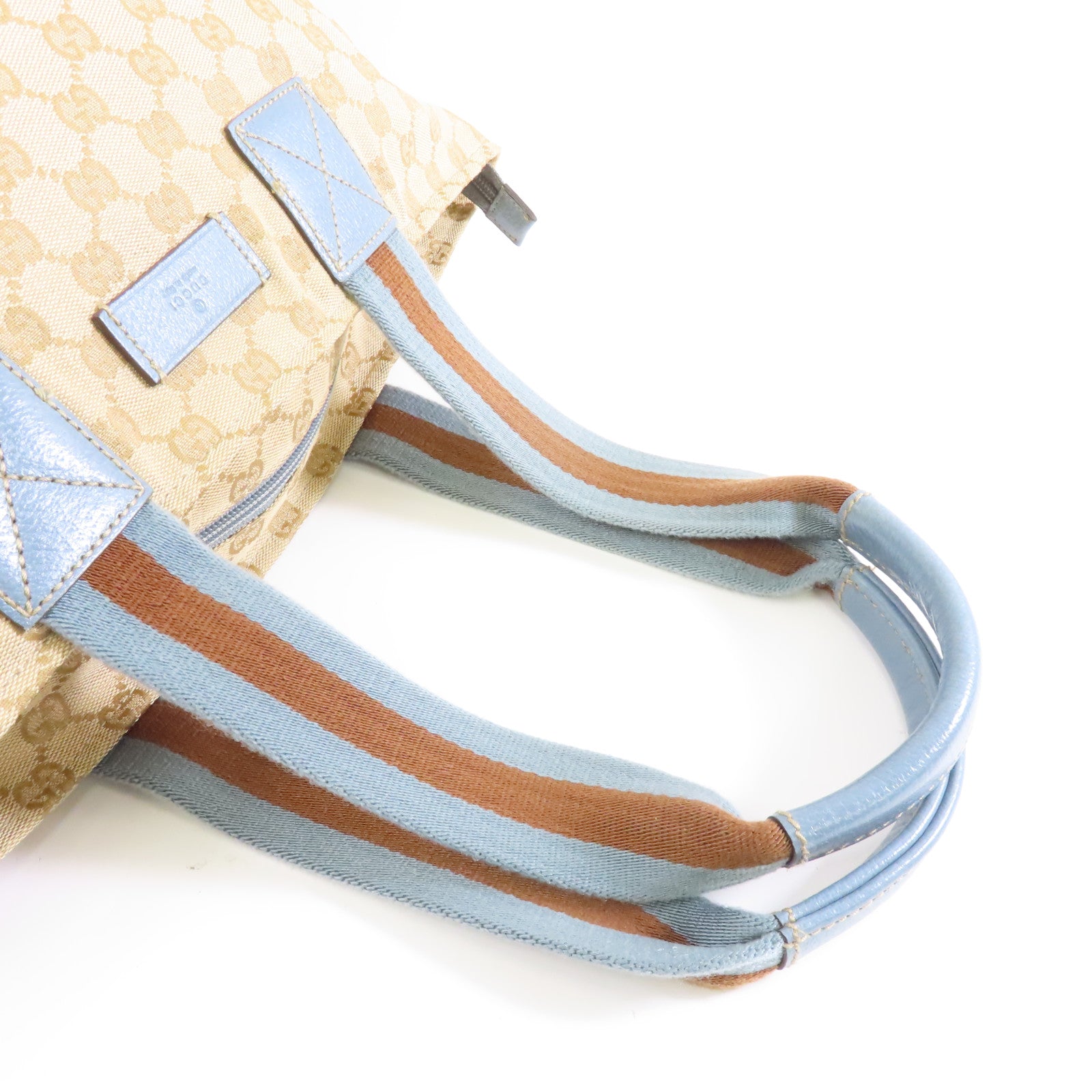 GUCCI 帆布Tote Bag銀扣手挽袋米色/淺藍色