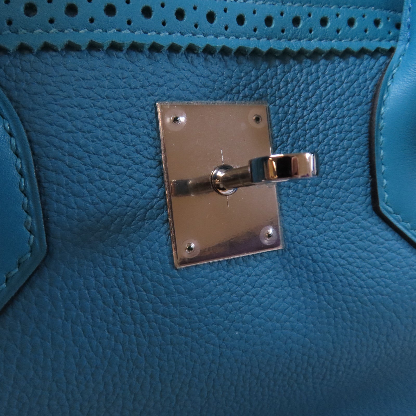 HERMES 【激減優惠】Togo皮革/Swift皮革Ghillies Birkin 35銀扣手挽袋Turquoise土耳其亮藍色