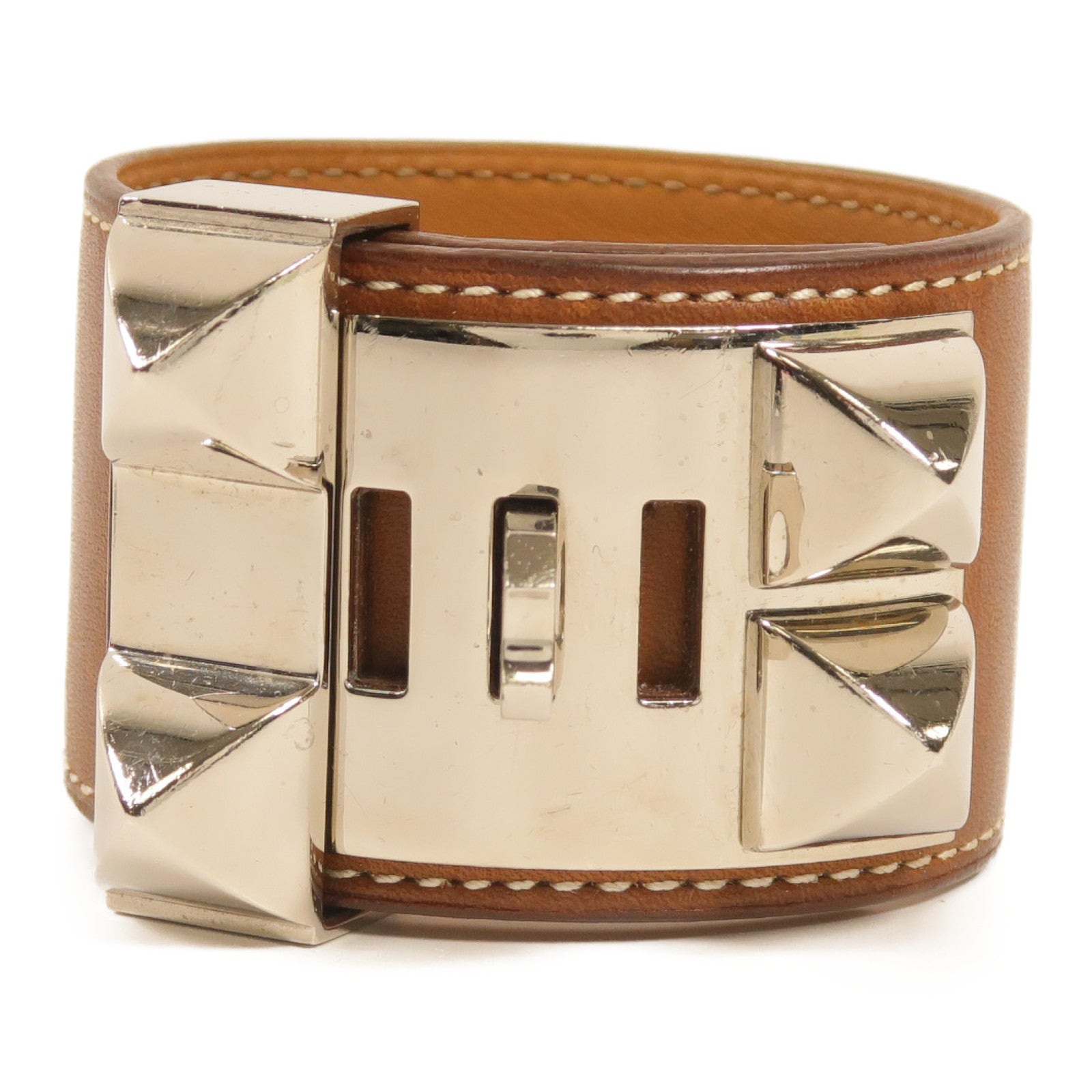 HERMES Barenia皮革Collier De Chien銀扣手鐲34 Fauve