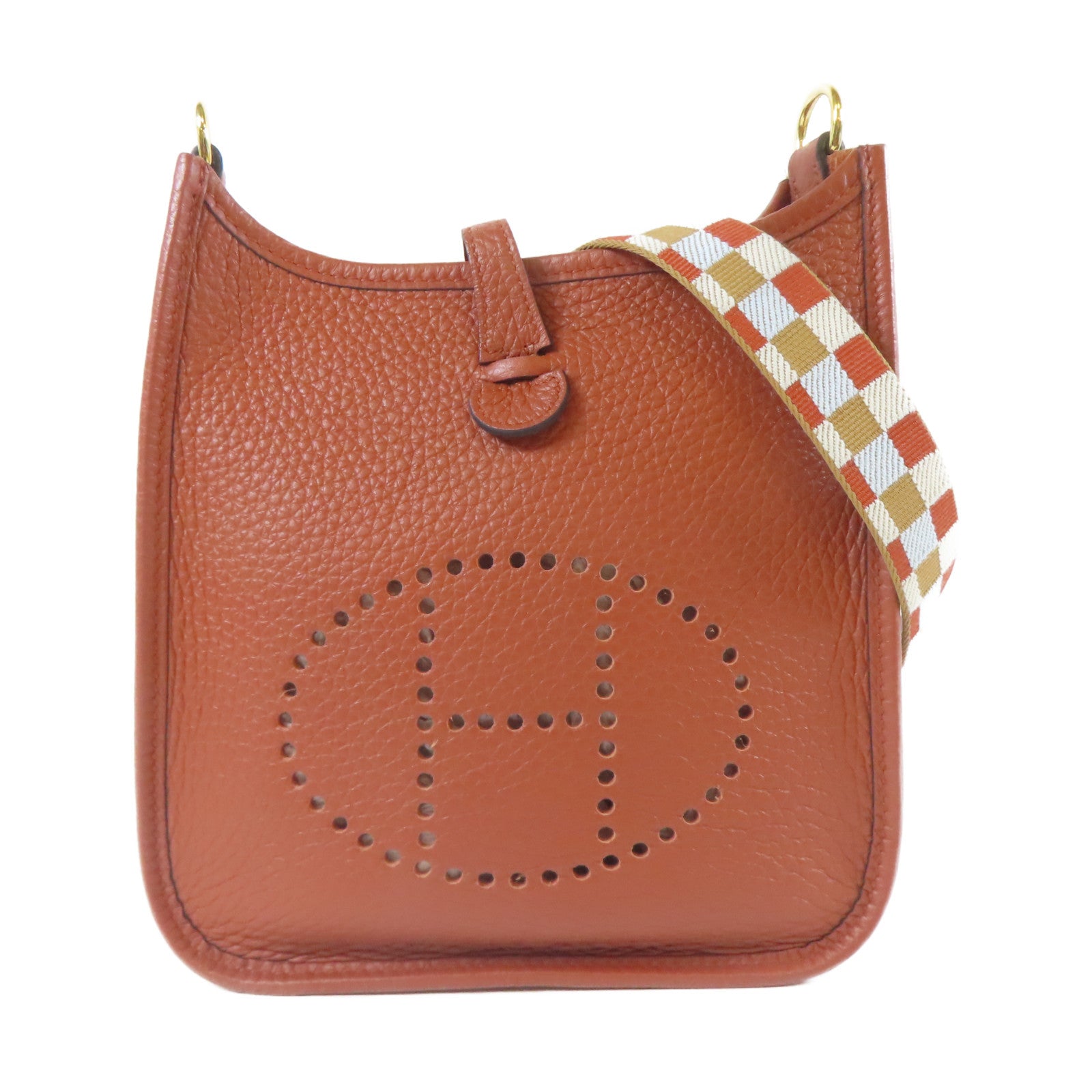 HERMES Clemence皮革Evelyne TPM金扣肩背袋駝色偏紅色