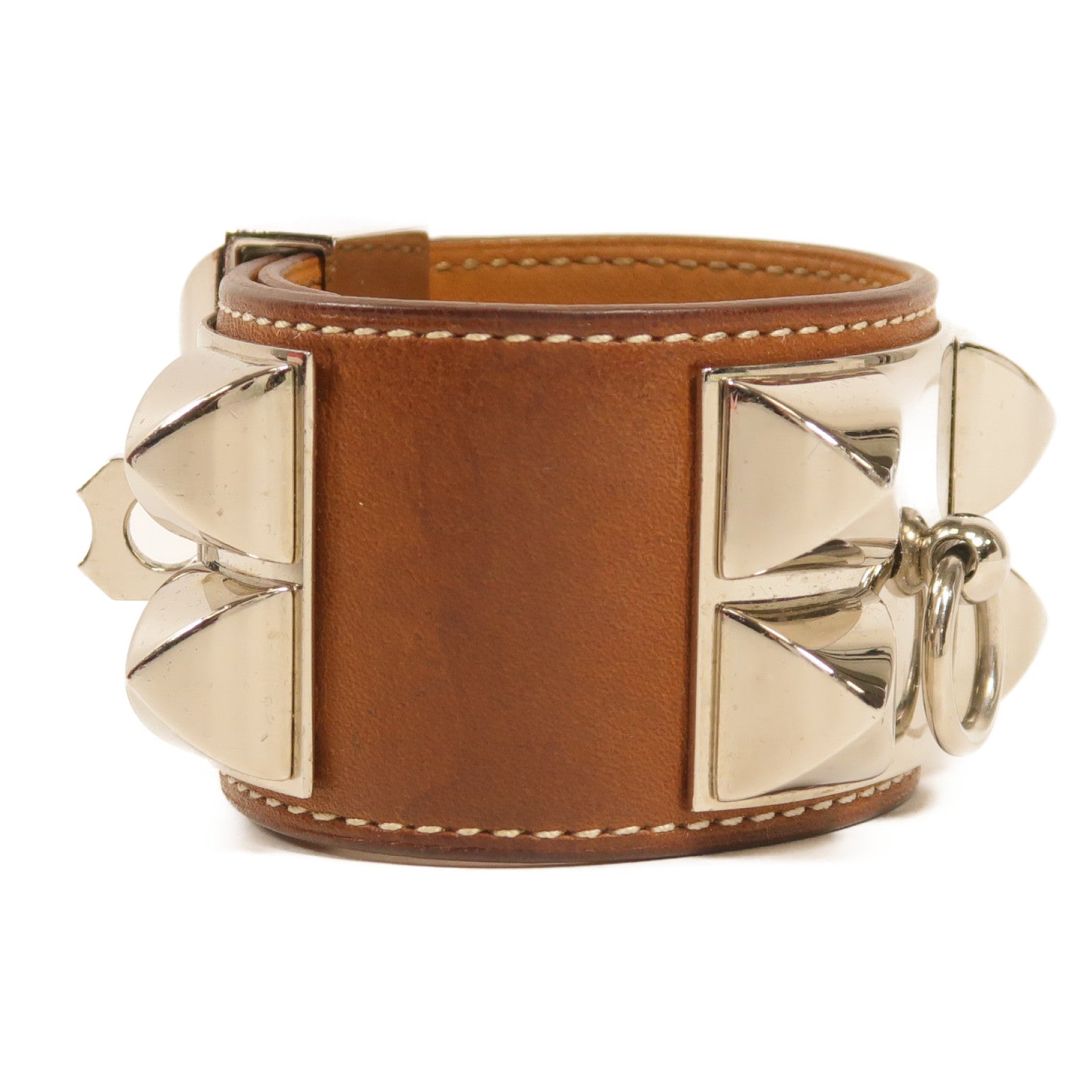 HERMES Barenia皮革Collier De Chien銀扣手鐲34 Fauve