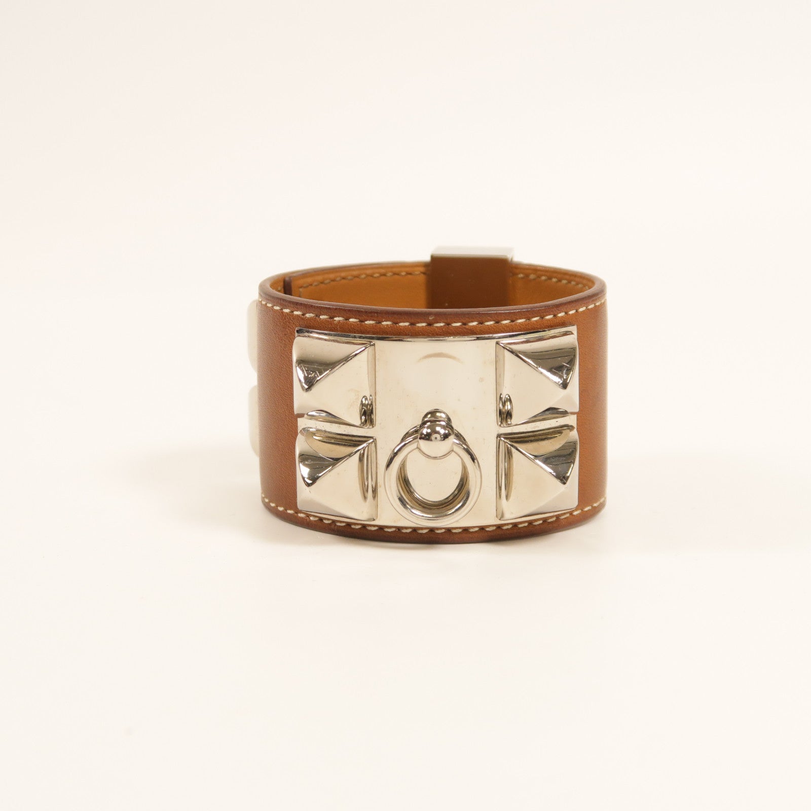 HERMES Barenia皮革Collier De Chien銀扣手鐲34 Fauve