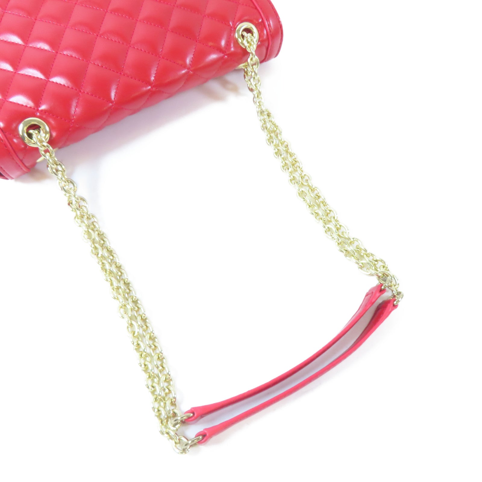 MOSCHINO 菱格塗層帆布Chain Shoulder金扣鏈帶肩背袋紅色