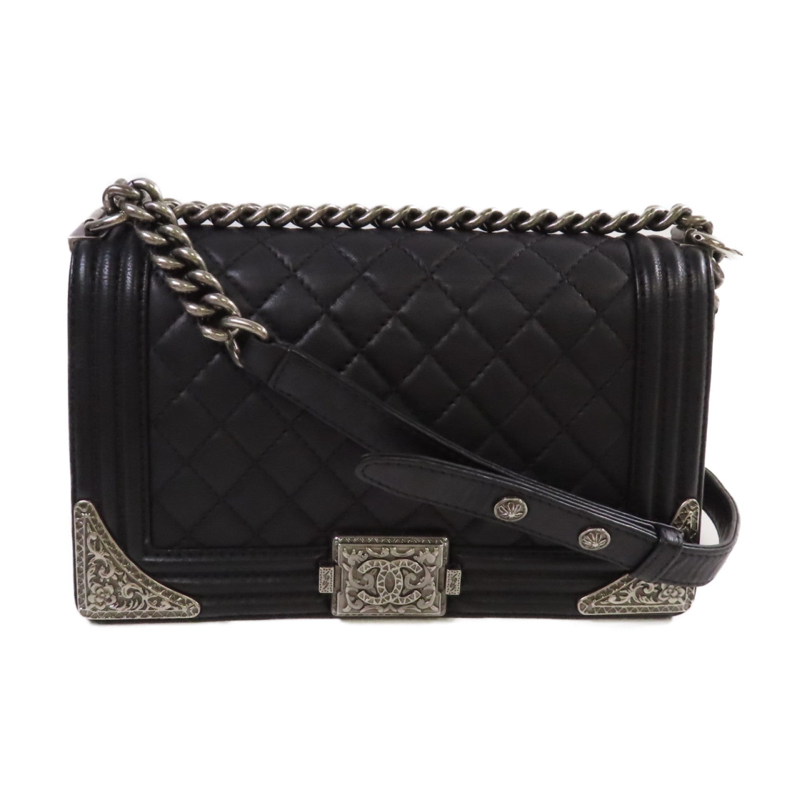 CHANEL 【激減優惠】菱格牛皮皮革Le Boy 25 Chain Shoulder Bag銀扣鏈帶肩背袋黑色