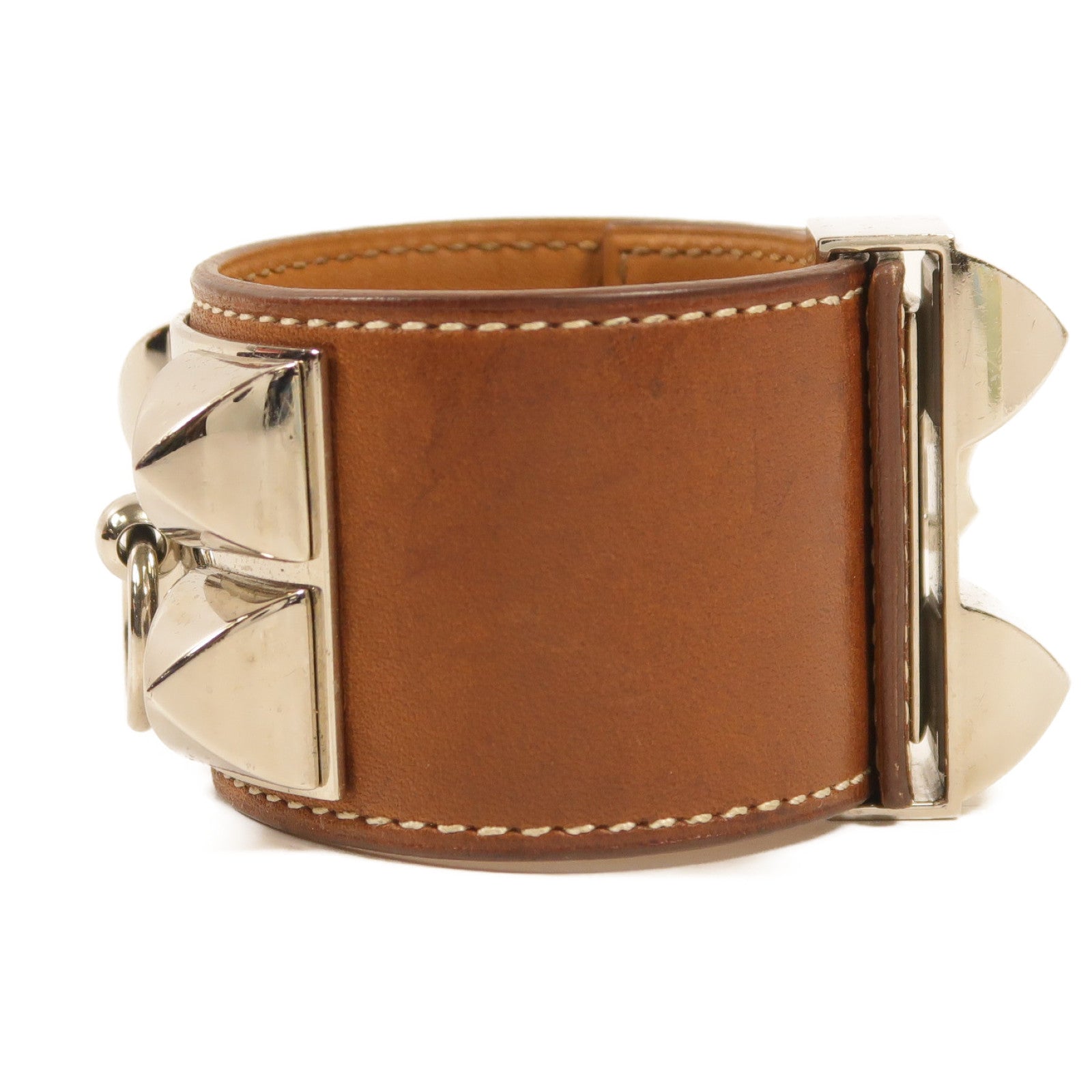 HERMES Barenia皮革Collier De Chien銀扣手鐲34 Fauve