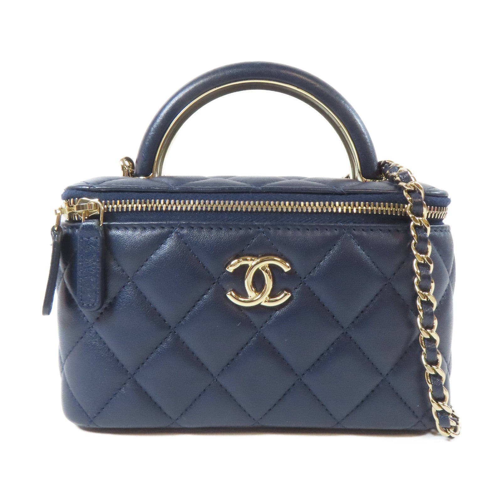 CHANEL 菱格羊皮皮革Vanity Box金扣鏈帶手挽肩背兩用袋藍色