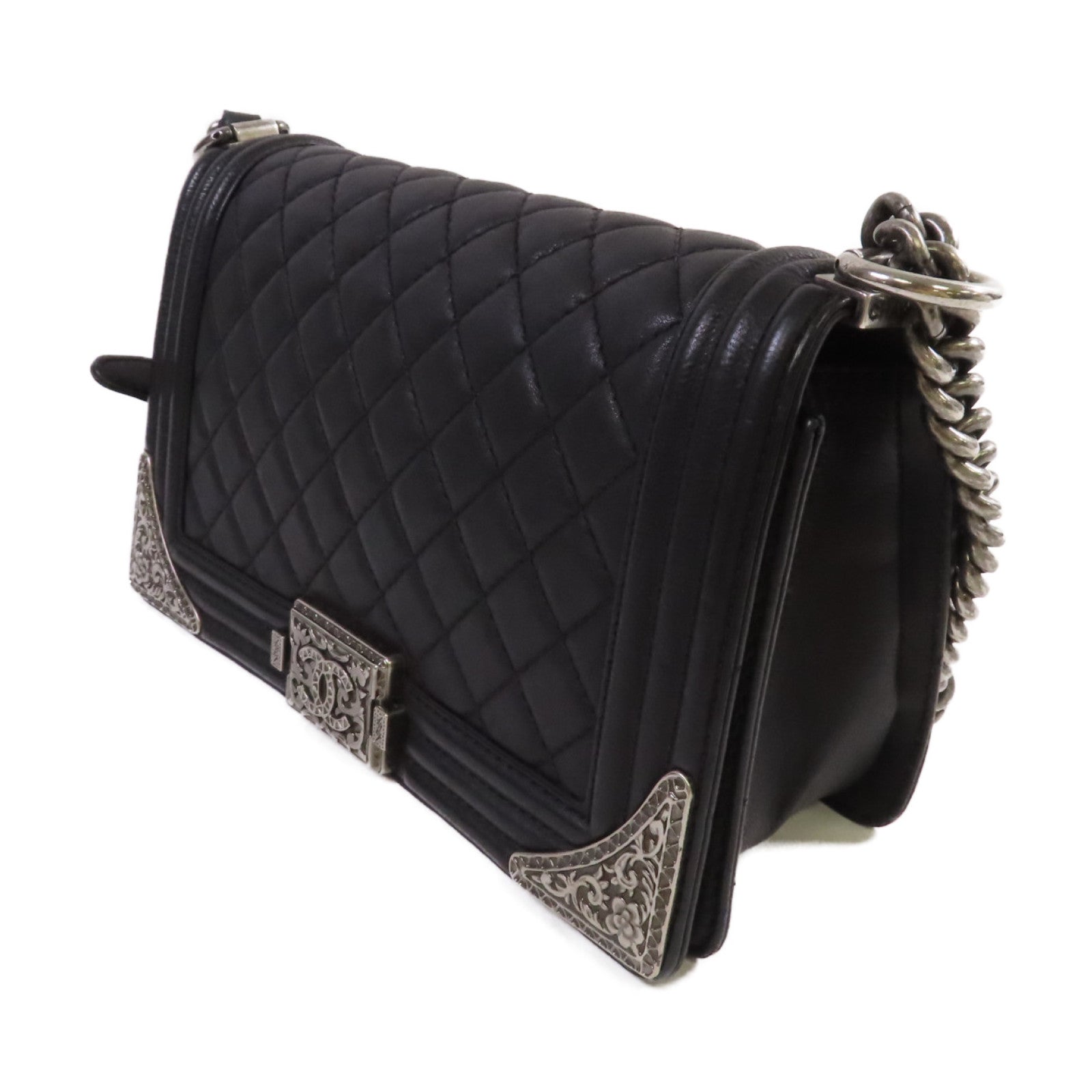CHANEL 【激減優惠】菱格牛皮皮革Le Boy 25 Chain Shoulder Bag銀扣鏈帶肩背袋黑色