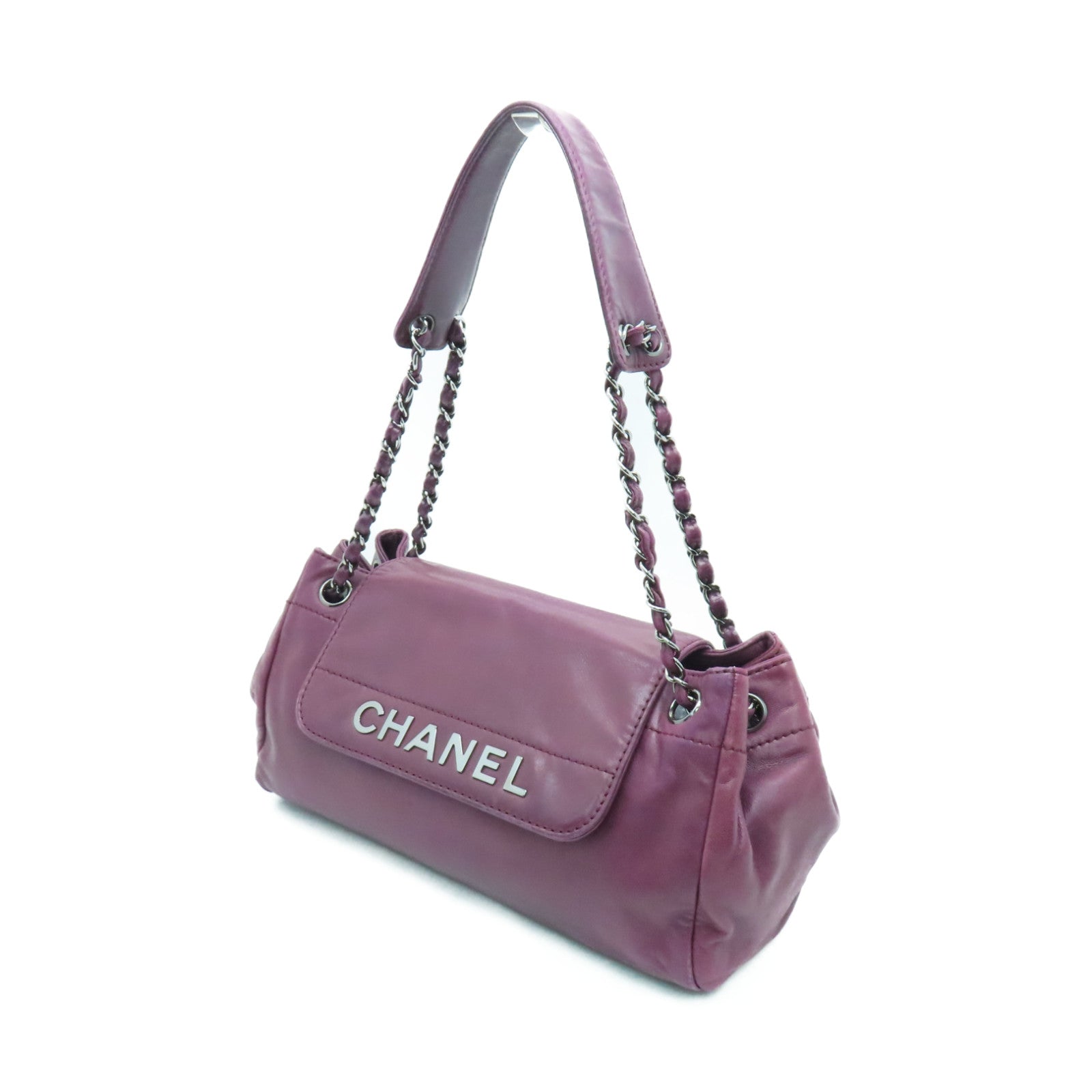 CHANEL sheepskin leather Shoulder Bag silver buckle chain shoulder bag purple