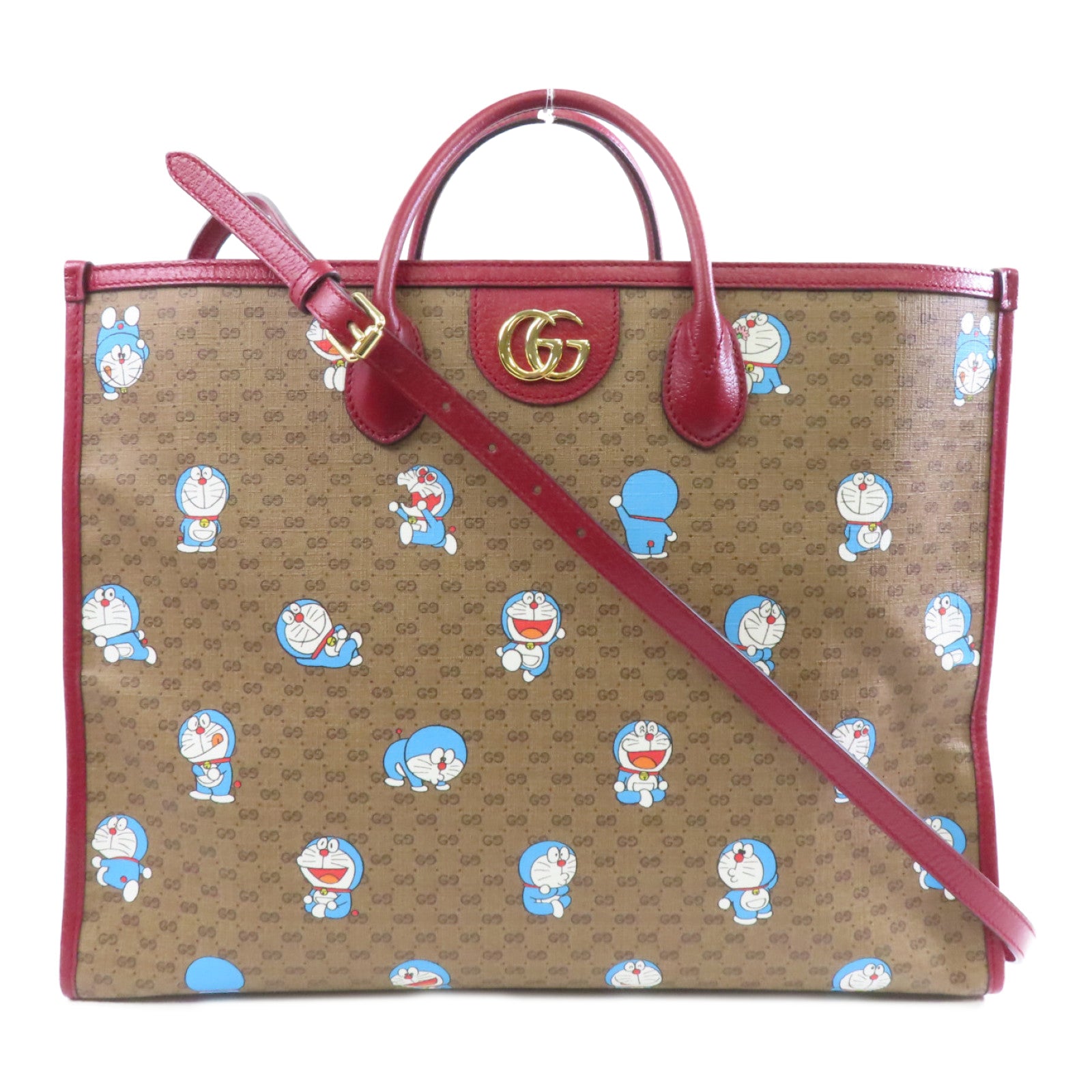 GUCCI 【激減優惠】塗層帆布Gucci X Doramon Tote Bag金扣手挽肩背兩用袋米色/紅色