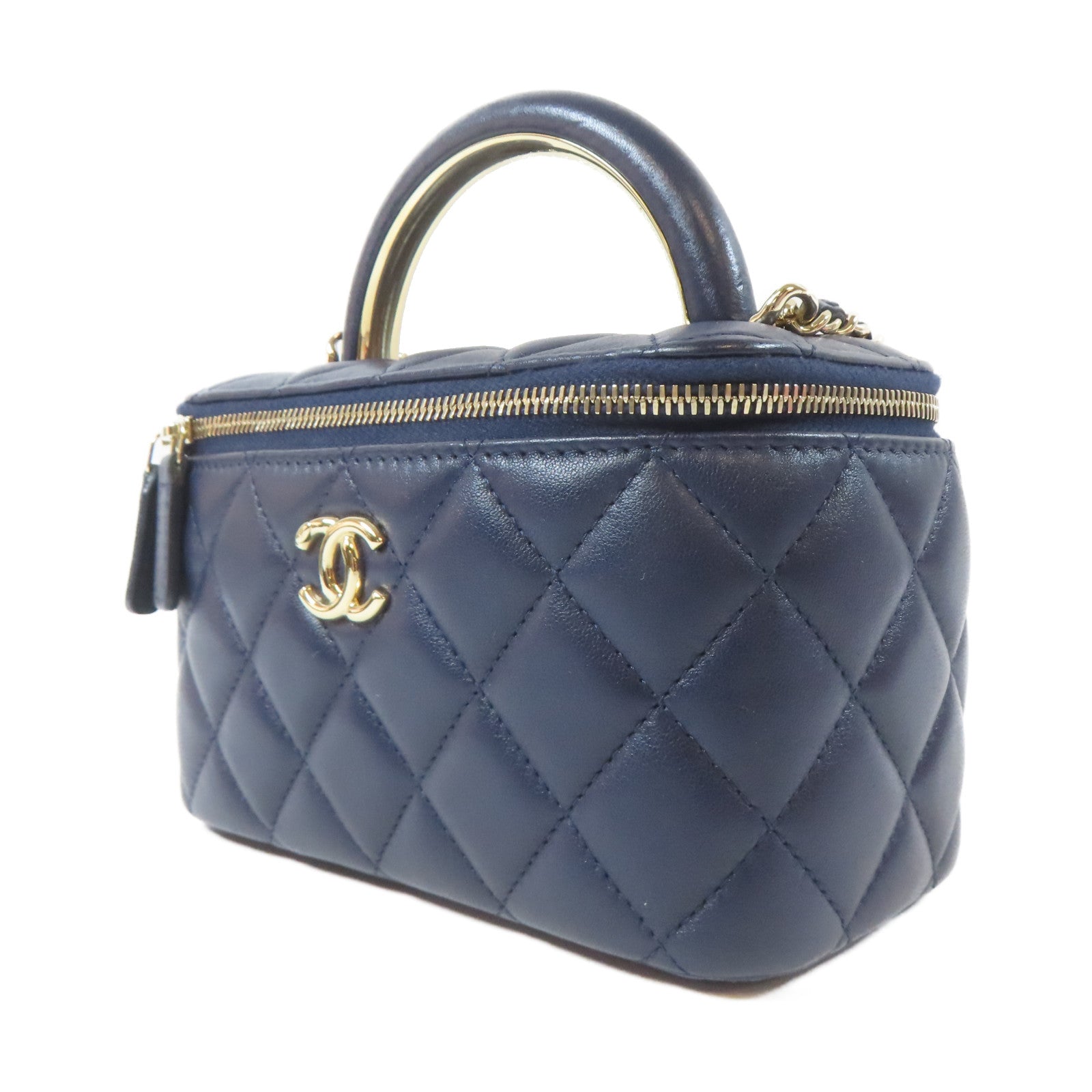 CHANEL 菱格羊皮皮革Vanity Box金扣鏈帶手挽肩背兩用袋藍色